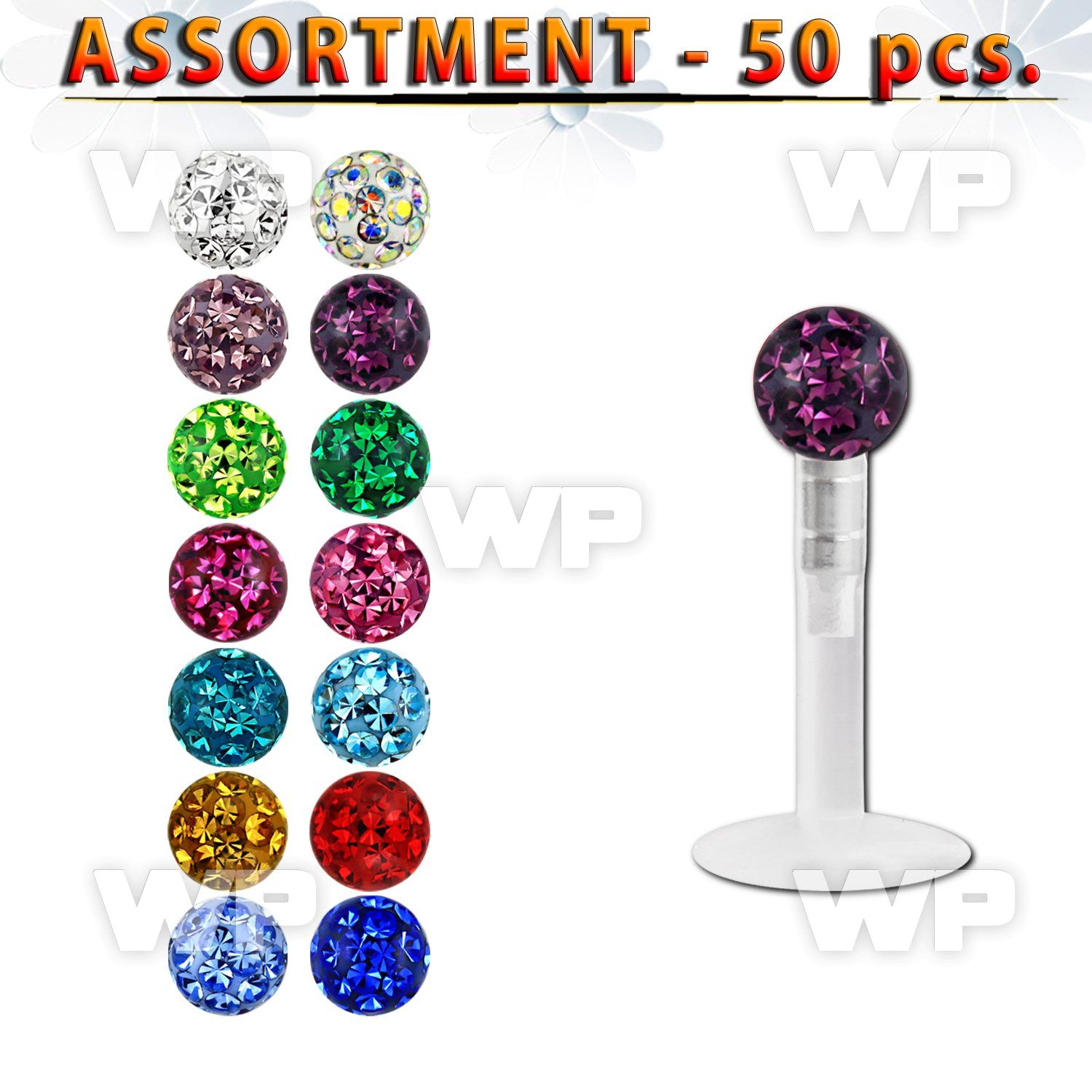 4b2see bio flex labrets 1 2mm push in 3mm multi crystal ball lower lip piercing