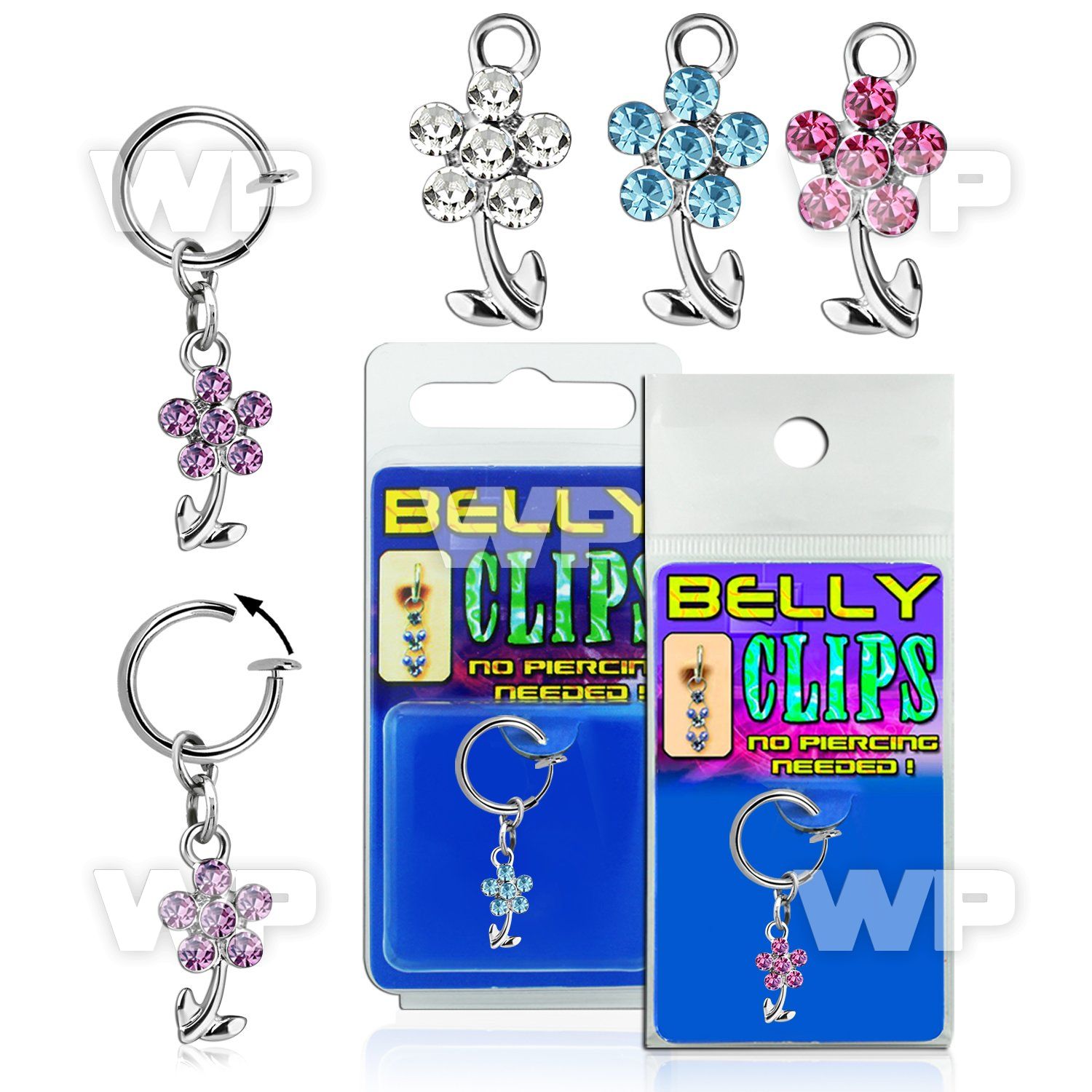 4b6m0 fake belly clip rhodium plated flower stem dangle belly piercing