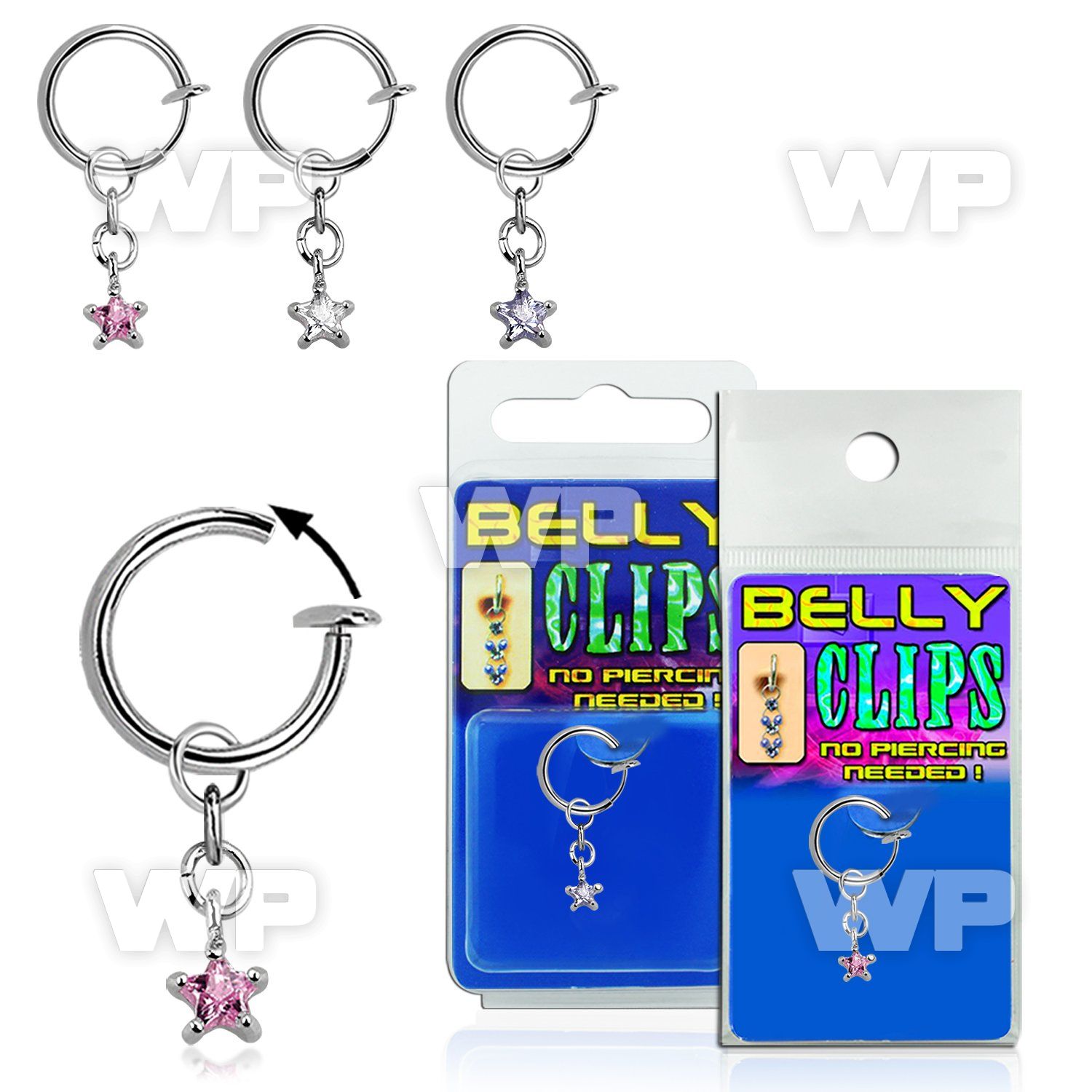 4b6mgsts fake belly clip dangling prong set star shaped cz stone belly piercing