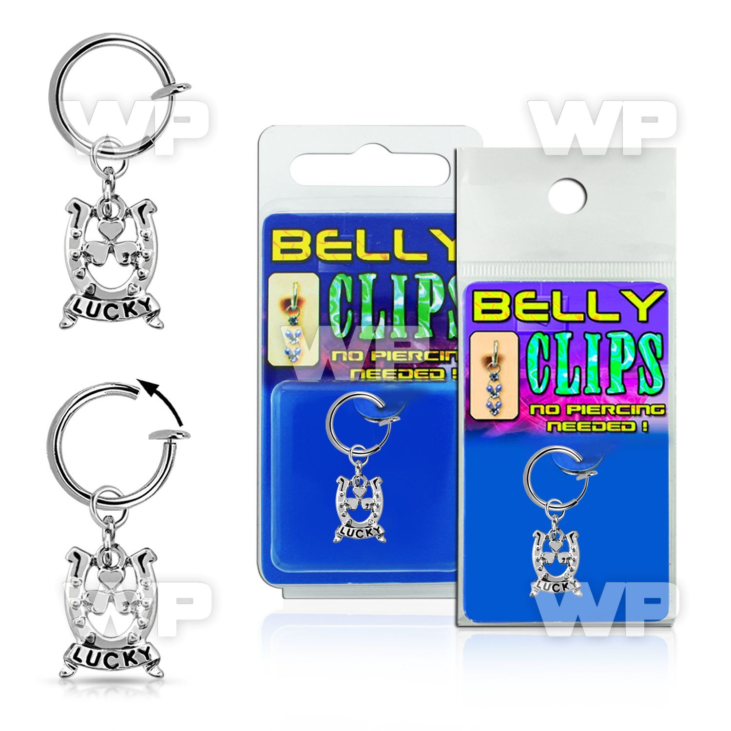 4b6mslk fake belly clip dangling horseshoe design lucky banner belly piercing