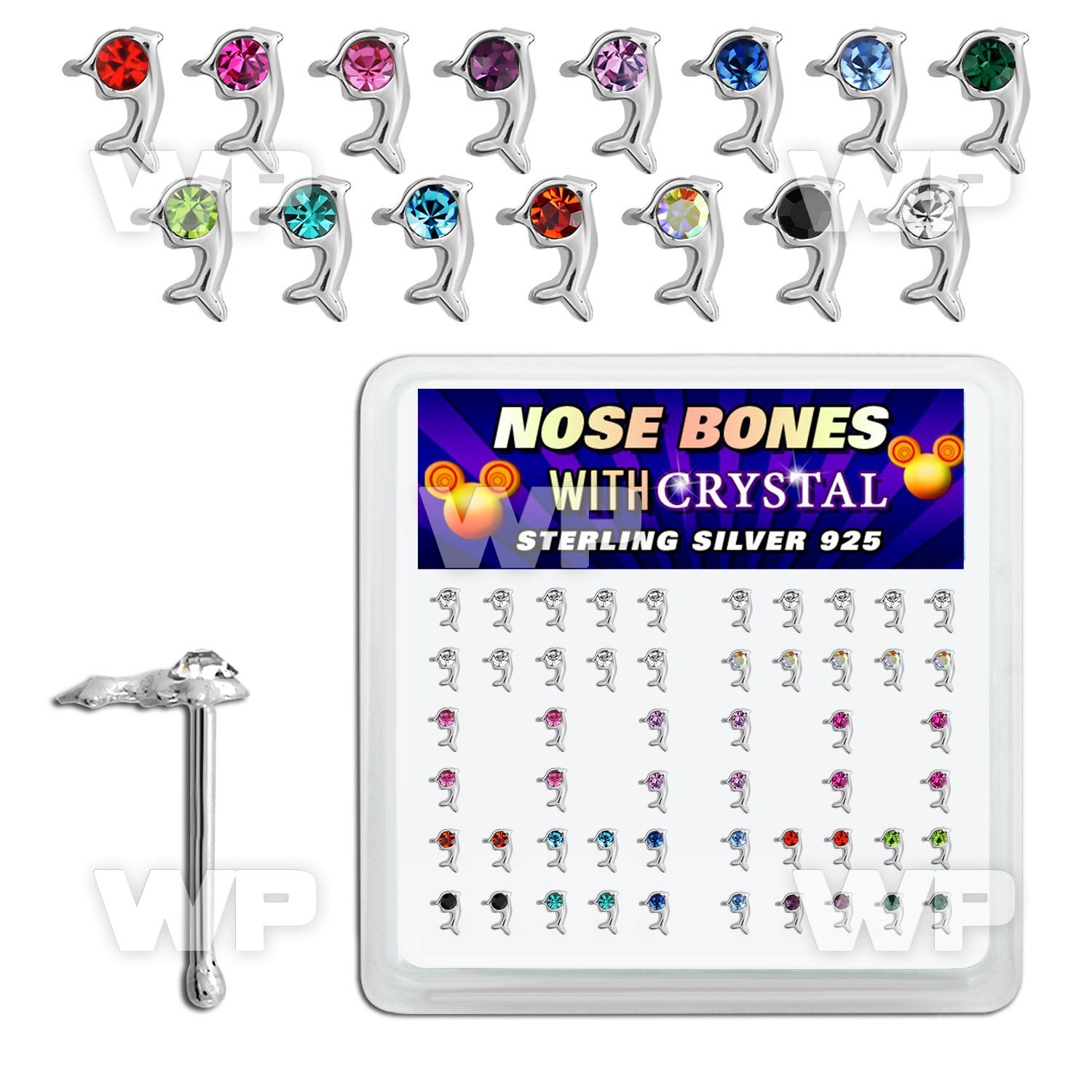 4f1mj box of silver nose bone dolphin shaped top mixed color nose piercing