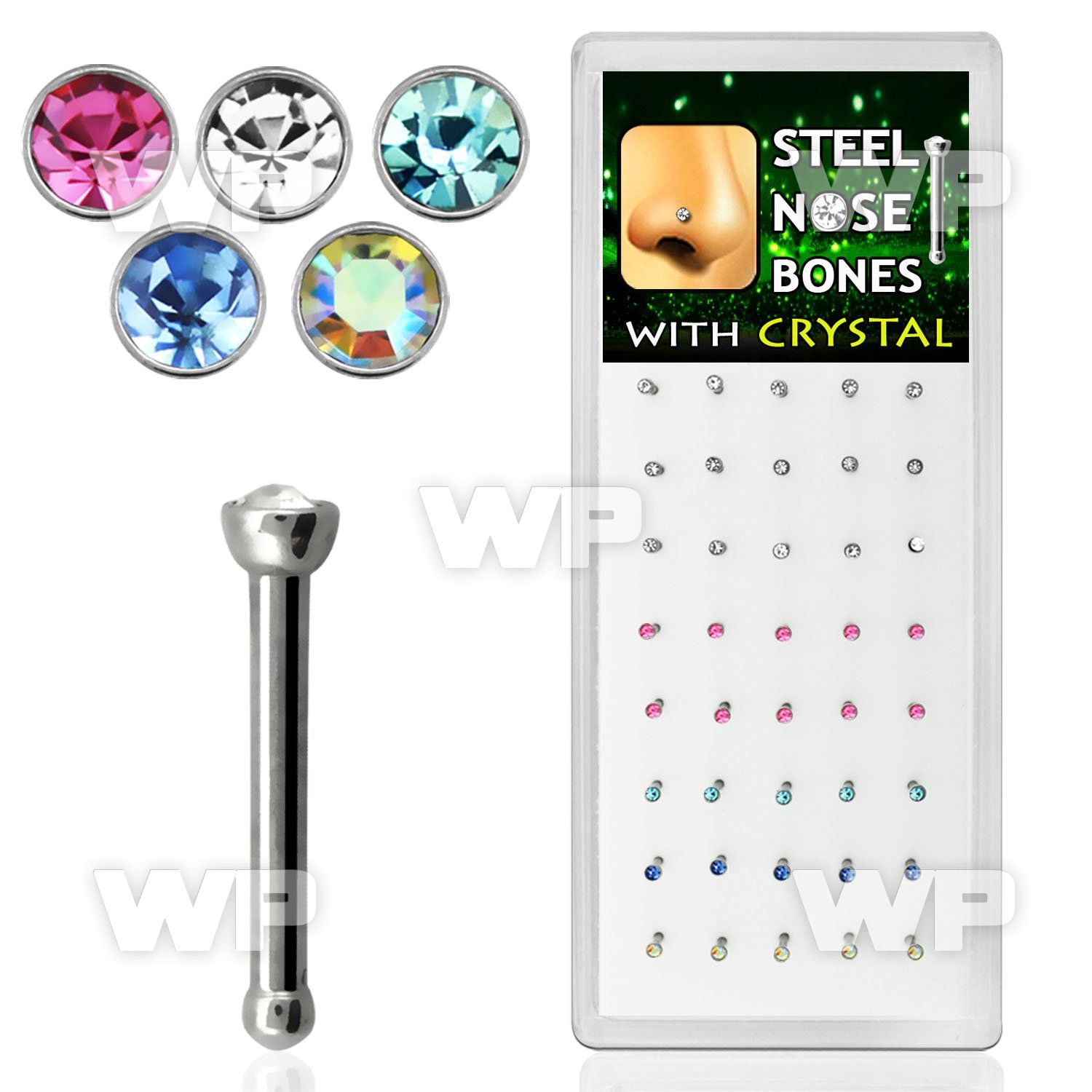 4f4epz display w of surgical steel nose bone 1mm 2mm round crys nose piercing