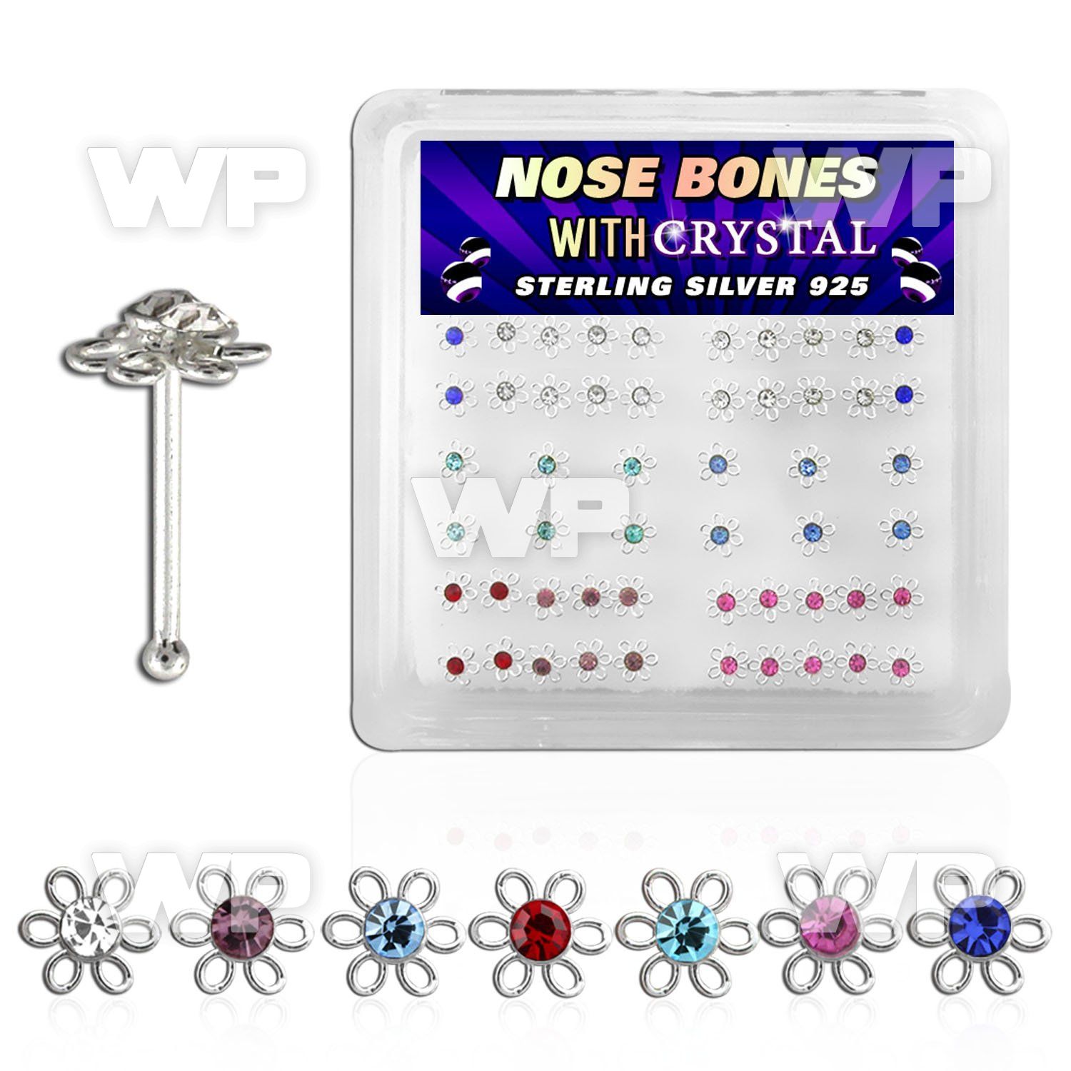 4fdbkj box of silver nose bone wire flower shaped top mixed col nose piercing