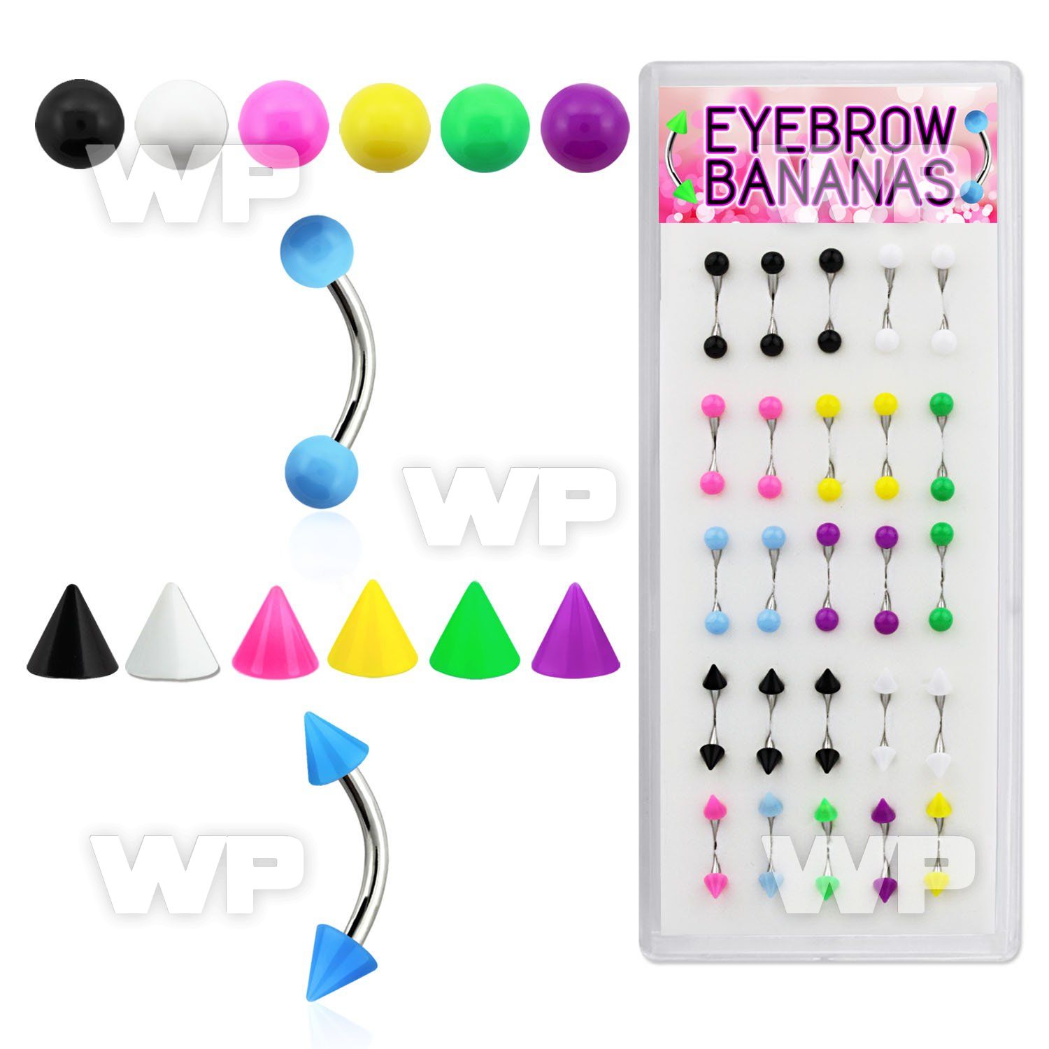 4fj4ce display box w of surgical steel micro bananas 1 2mm 3mm eyebrow piercing