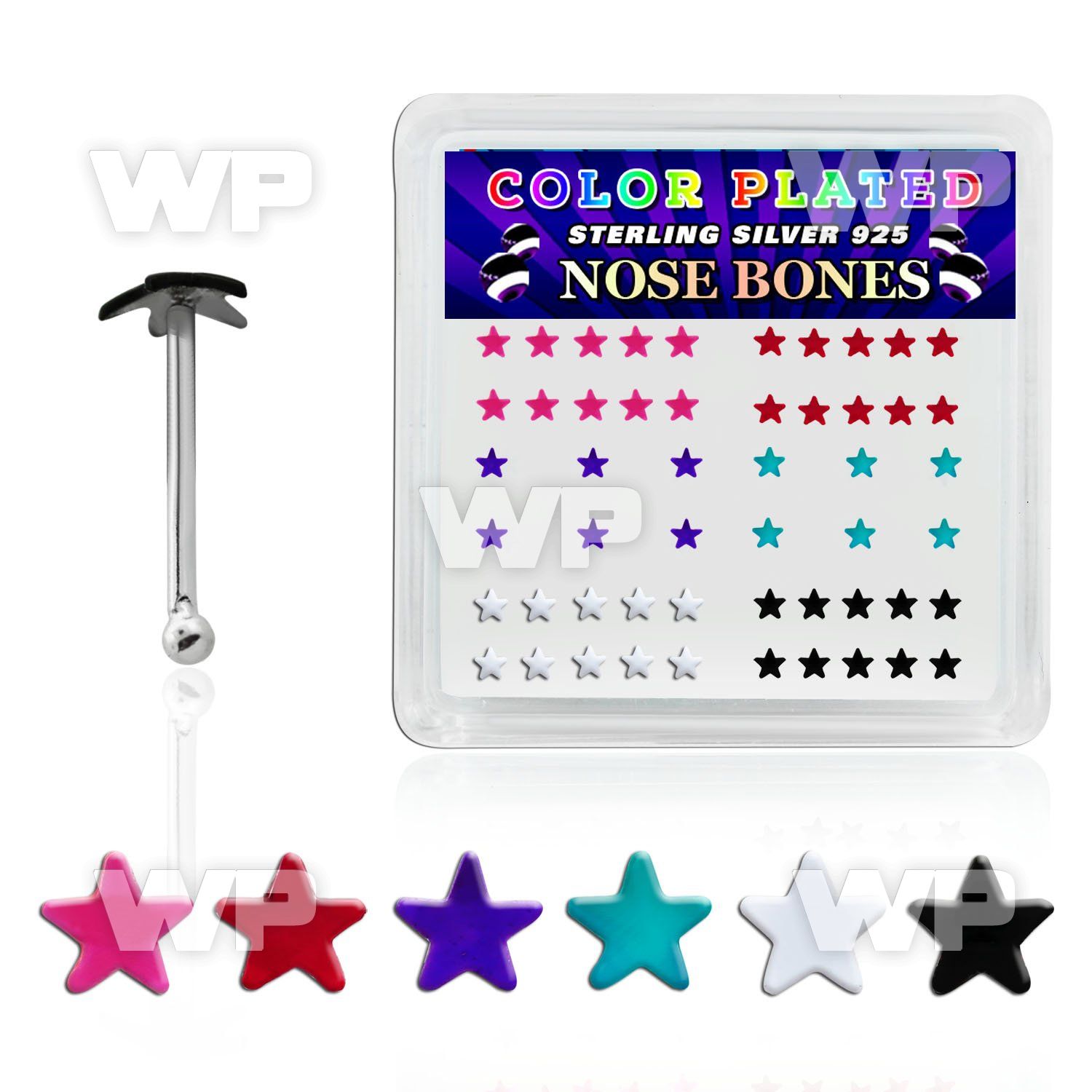 4fm37a box of silver nose bone color plated star shaped tops nose piercing