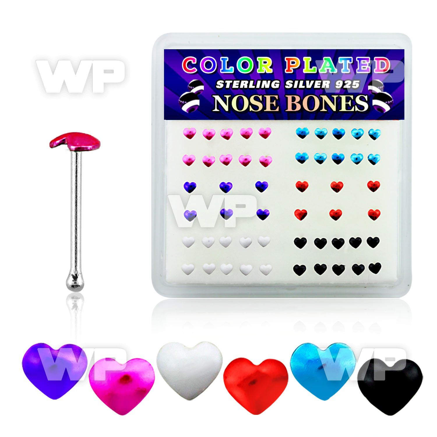 4fmxa box of silver nose bone color plated heart shaped tops nose piercing