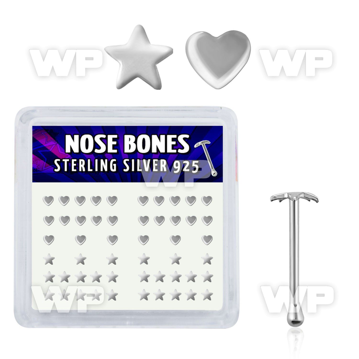 4fqx3 box of silver nose bone plain heart star shaped top nose piercing