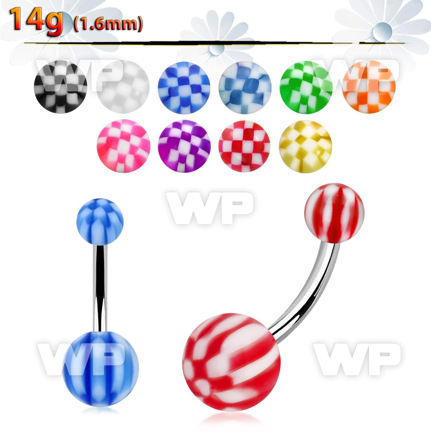 4u6x2 steel belly ring acrylic checker balls length 10mm 3 8 belly piercing