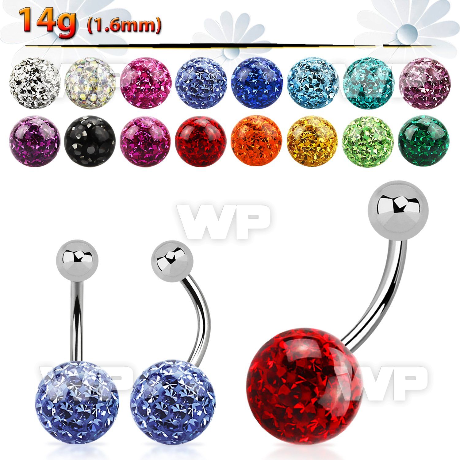 4udaep steel belly ring 5mm upper steel ball 10mm multi crysta belly piercing