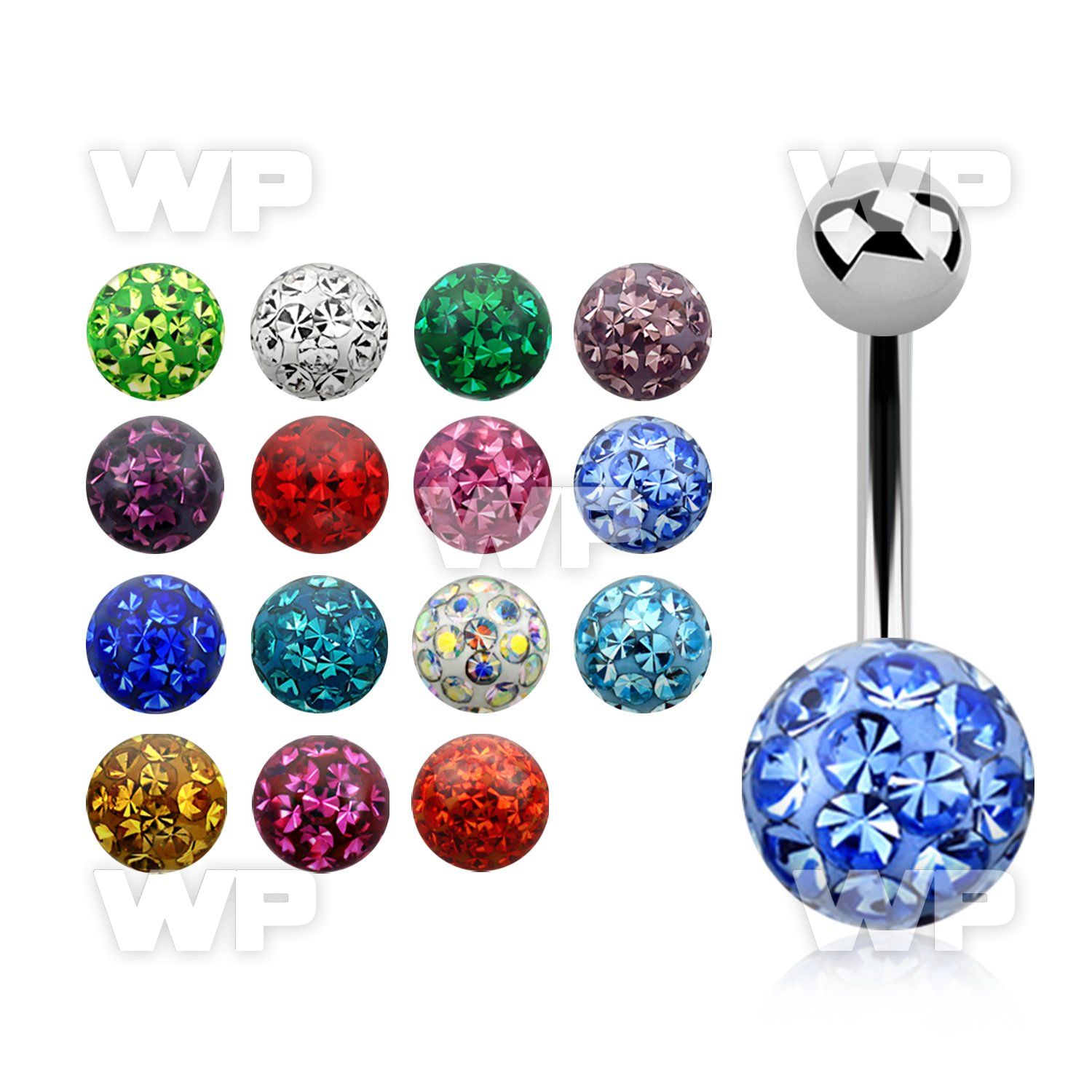 4udat steel belly ring w 8mm multi crystal ferido ball epoxy belly piercing