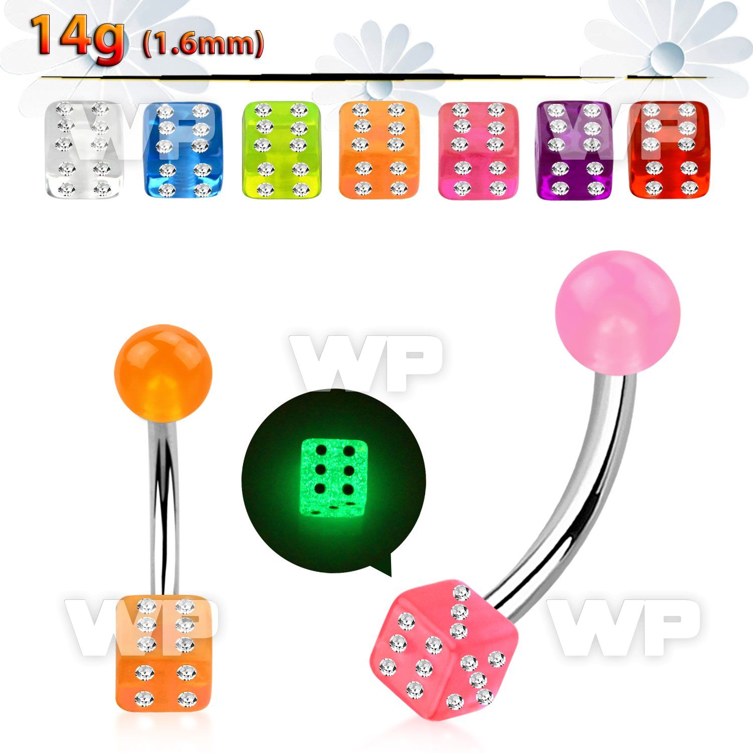 4uib186 steel belly ring upper 5mm glow in the dark ball lower belly piercing