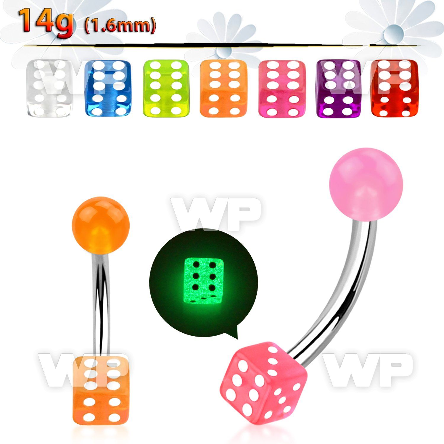 4uib18 steel belly ring 5mm glow in the dark ball 5mm acrylic belly piercing