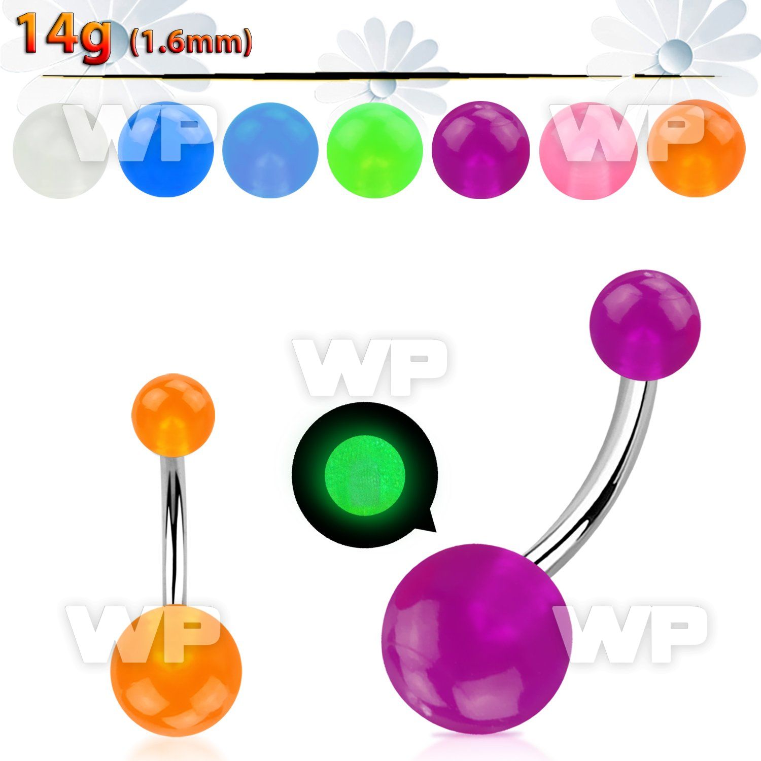 4uib steel belly ring glow in the dark acrylic balls length belly piercing