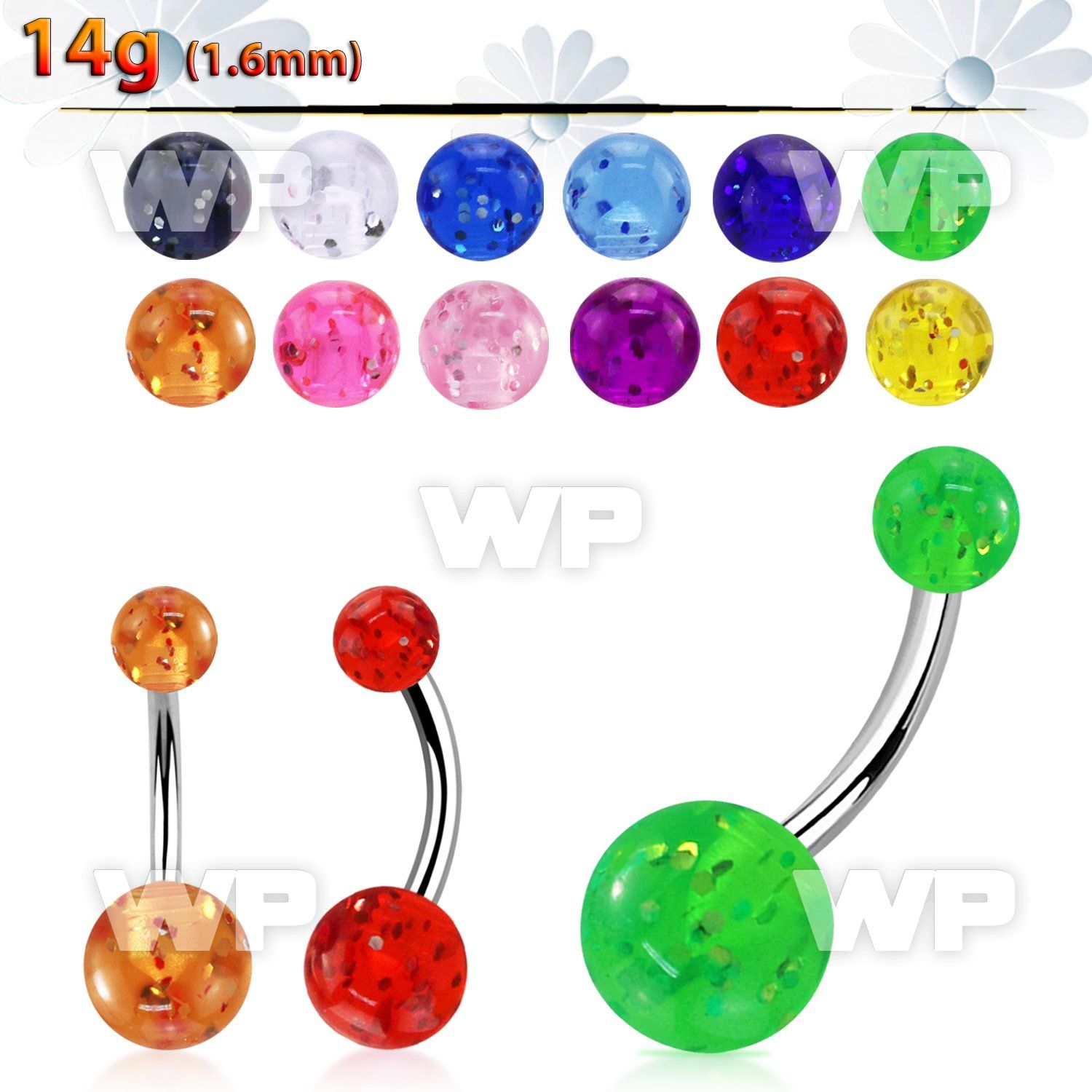 4uir steel belly ring acrylic glitter balls length 10mm 3 8 belly piercing
