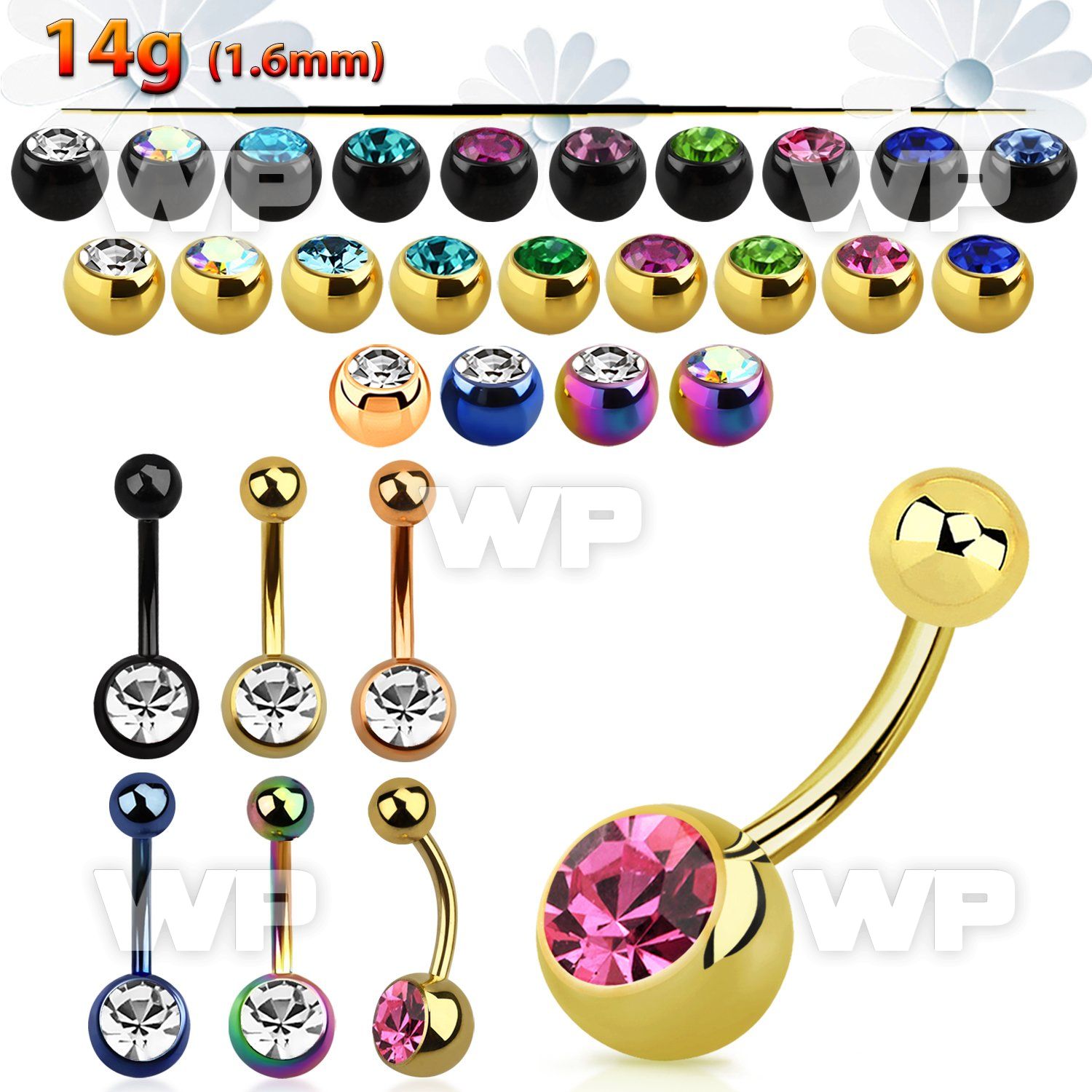 4ure6i ion plated steel belly ring w 8mm jewel ball upper 5mm belly piercing