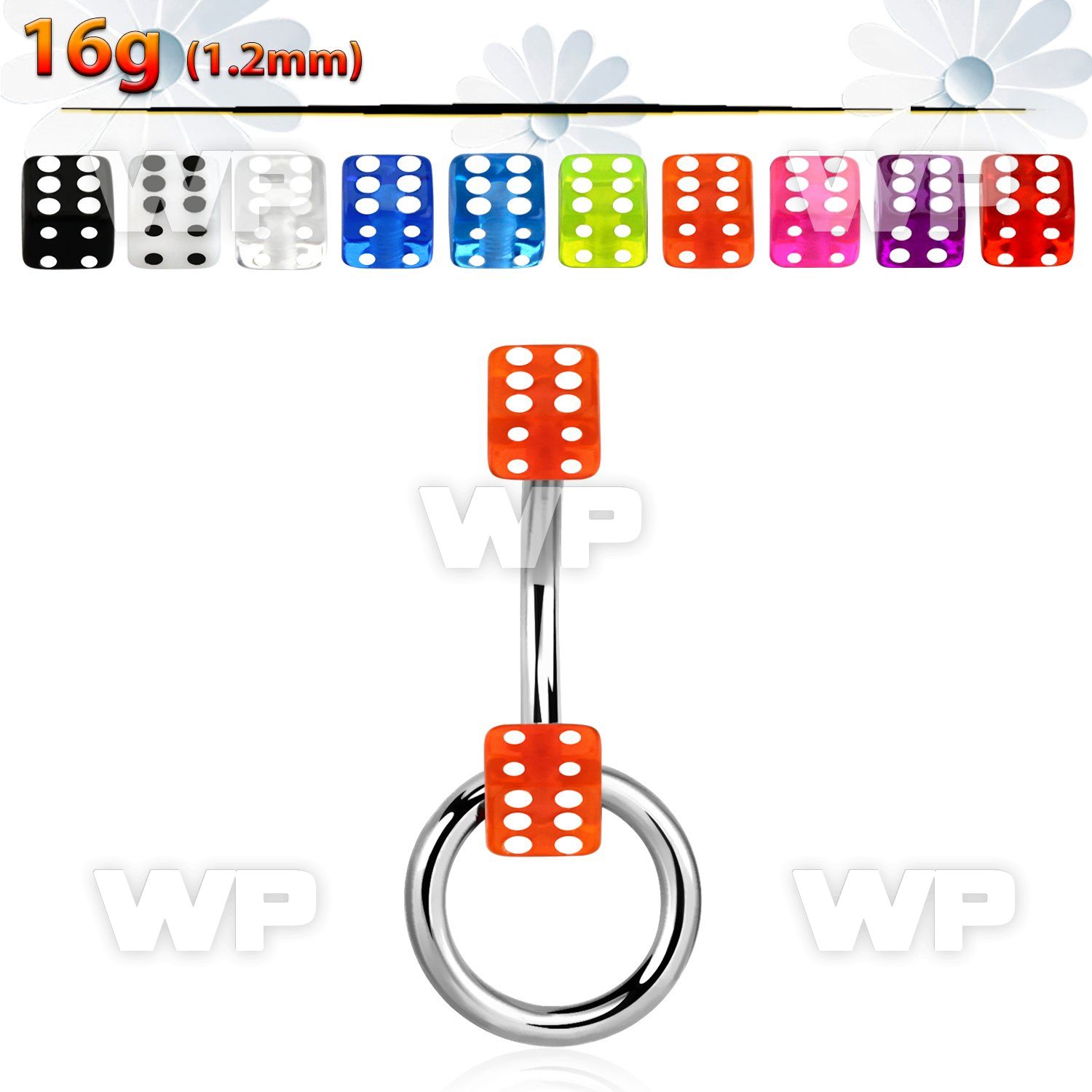 4uw13 316l steel micro banana w 3mm acrylic dice on one side eyebrow piercing