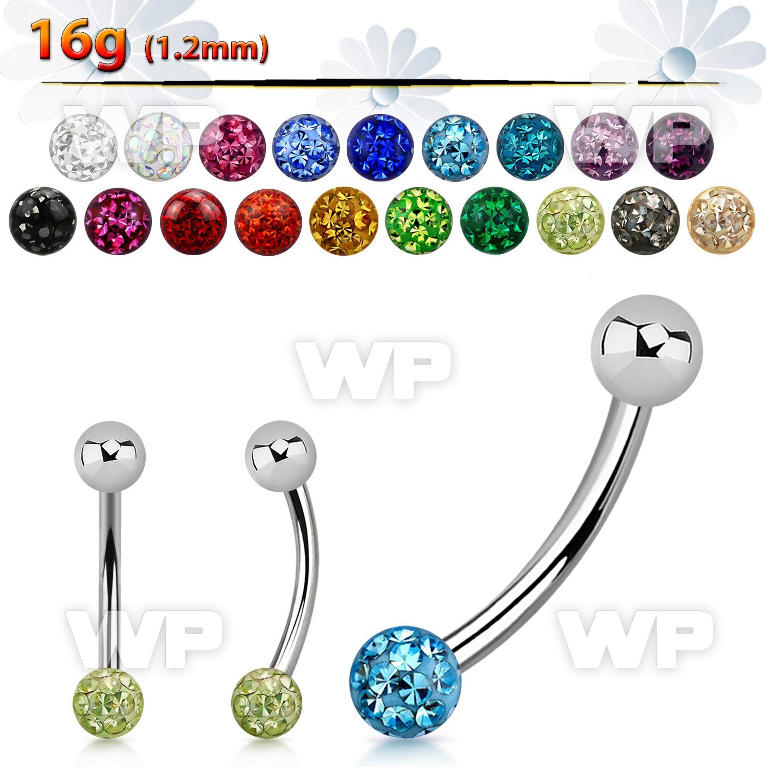 4uweda 316l steel micro banana w 3mm multi crystal ball epoxy eyebrow piercing