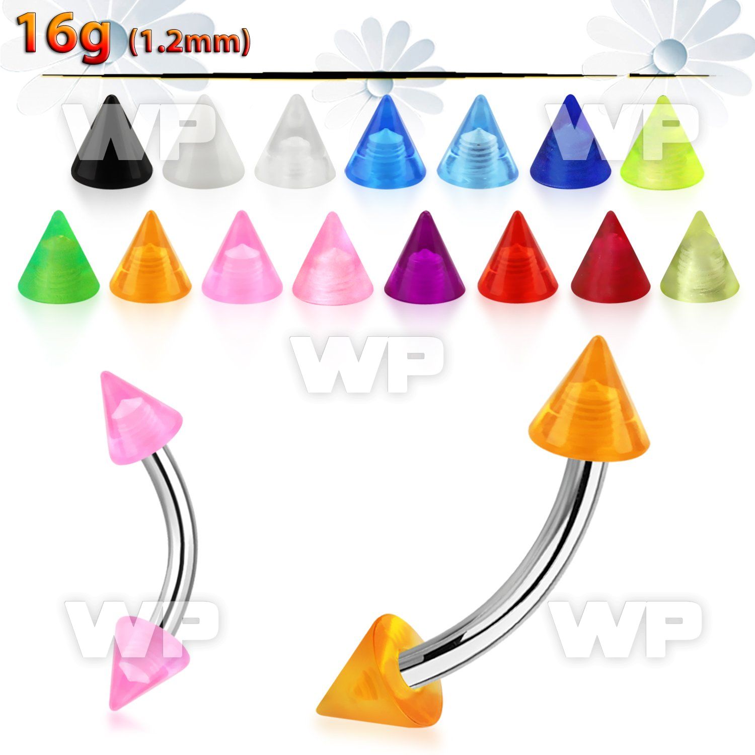 4uwhq6u 316l steel micro banana w 3mm uv acrylic cones eyebrow piercing