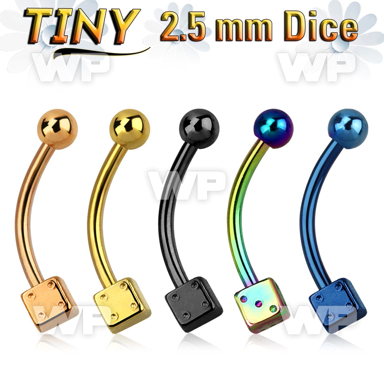 4uwr18ks ion plated 316l steel micro banana w 2 5mm steel dice 2 eyebrow piercing