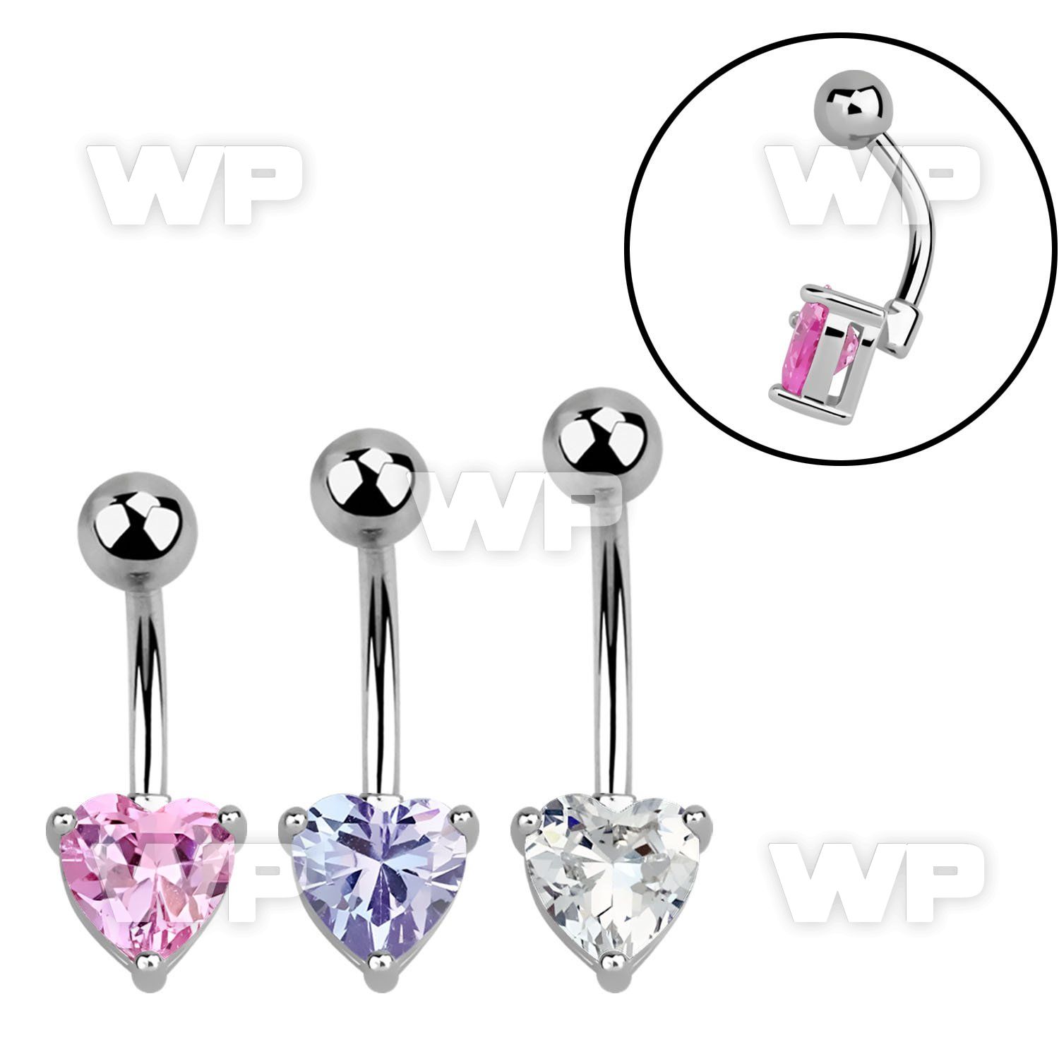 4uxrg steel belly ring w 7mm heart shaped prong set cz stone belly piercing
