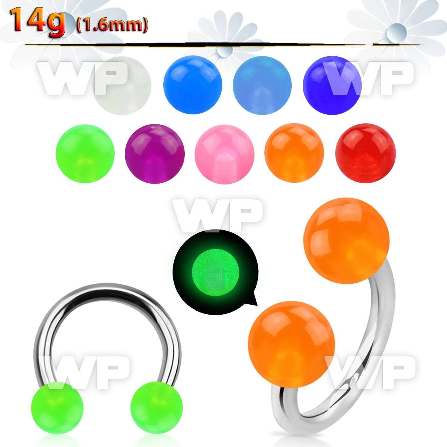 64ib surgical steel cbr horseshoe 1 6mm 5mm glow in the dark belly piercing