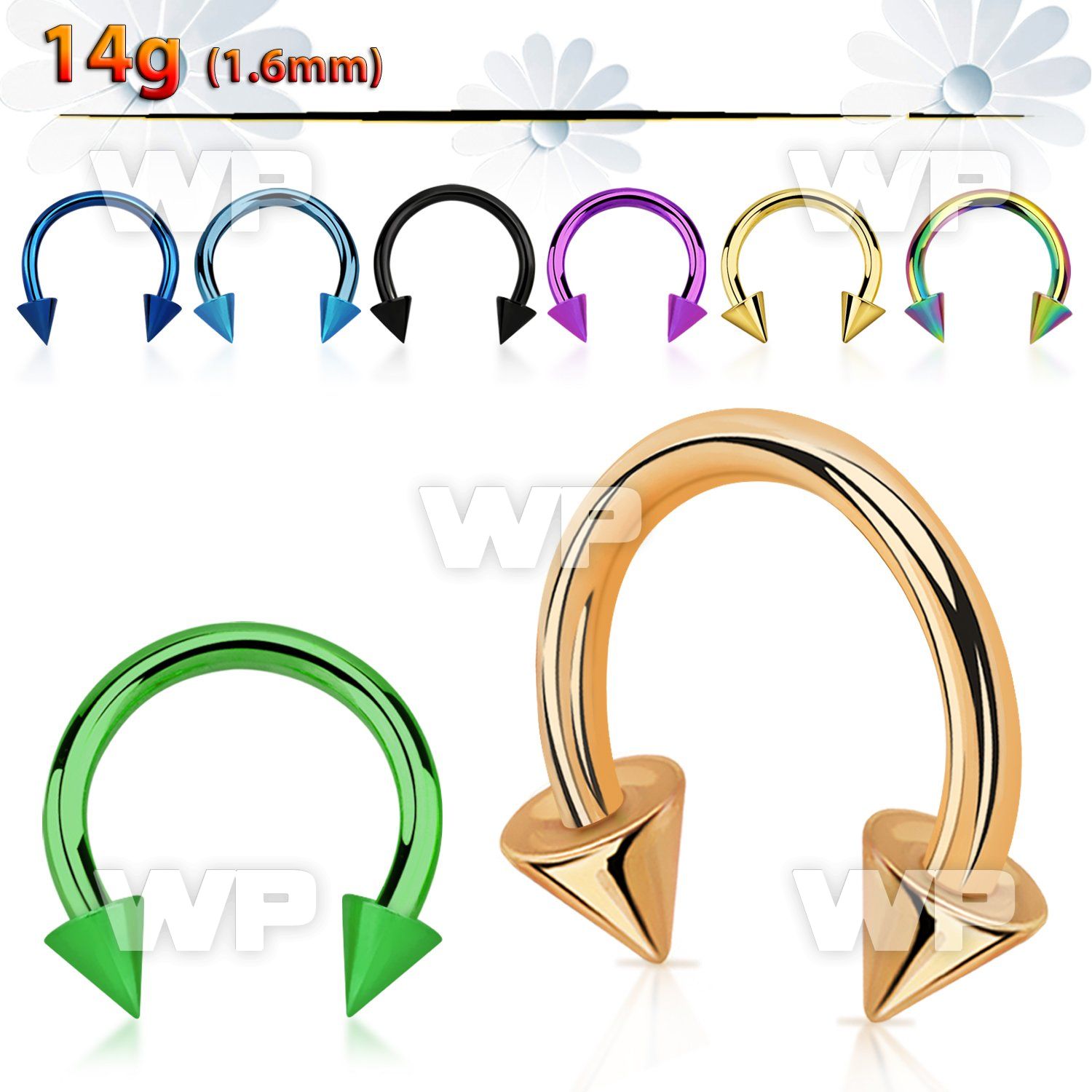 64r6uj ion plated surgical steel cbr horseshoe 1 6mm 4mm cones ear lobe piercing