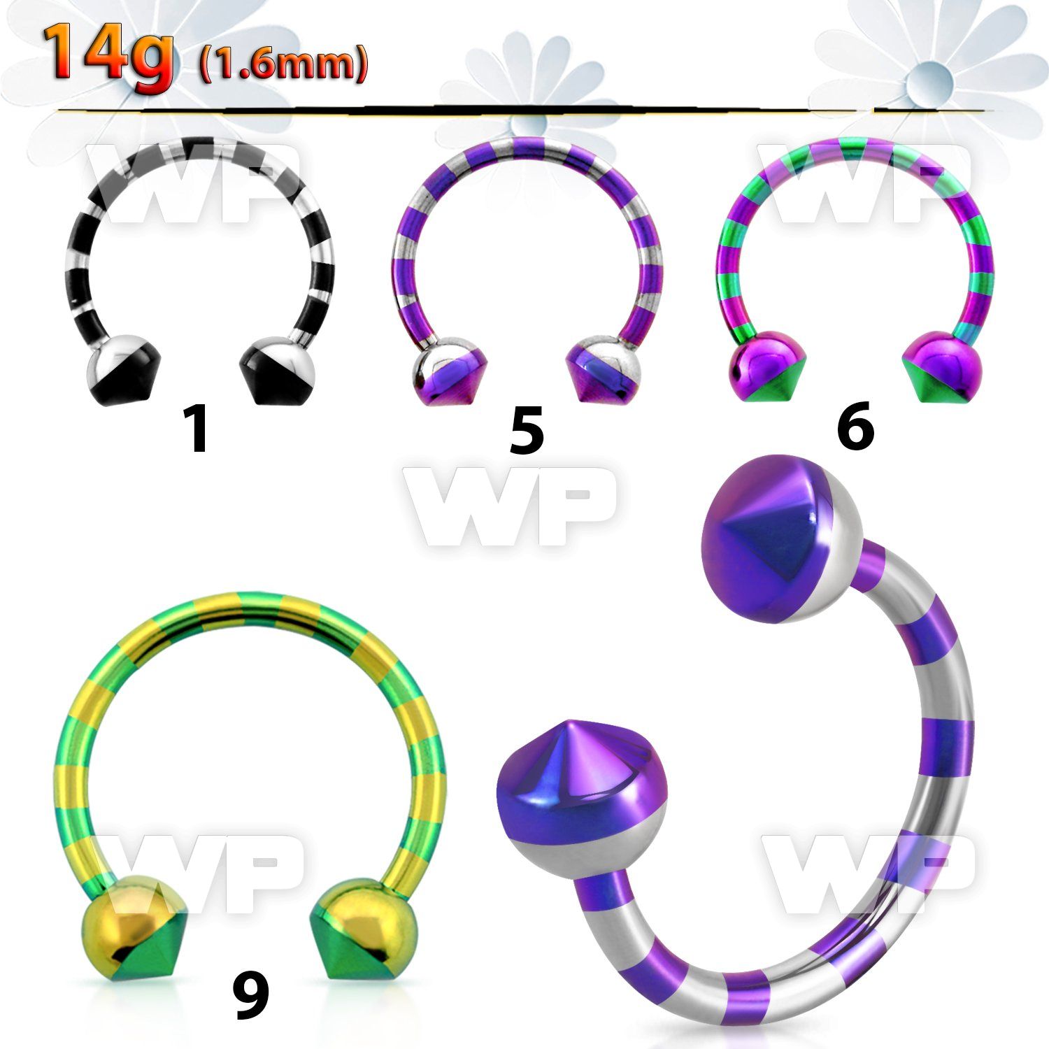 64rbe0 zebra striped pvd surgical steel cbr horseshoe 1 6mm 5mm belly piercing