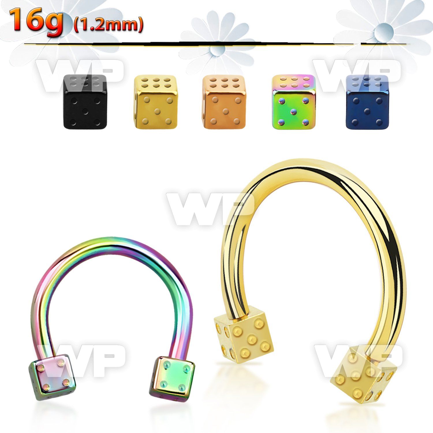 64wr18ks ion plated surgical steel cbr horseshoe 1 2mm 2 5mm dice eyebrow piercing