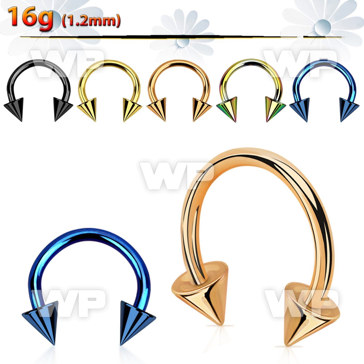 64wr6u0 ion plated surgical steel cbr horseshoe 1 2mm 4mm cones belly piercing