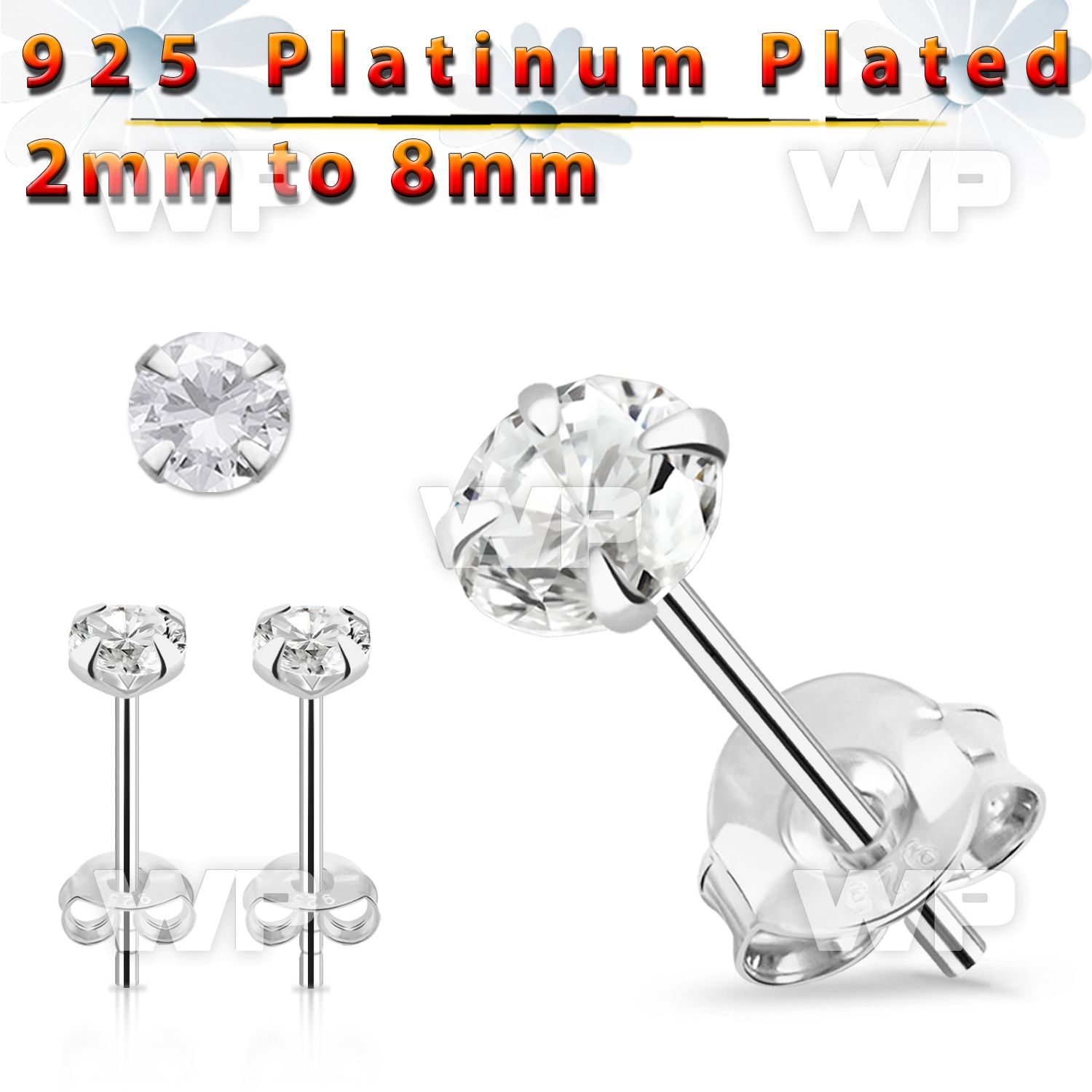 6ga1jmr one pair platinum finish silver ear studs cz