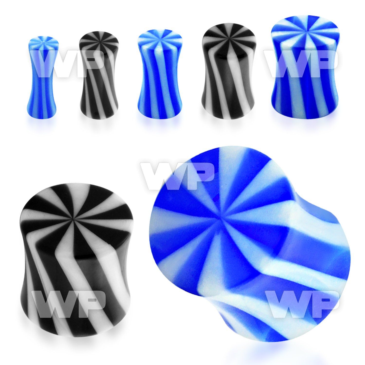 76m7 solid acrylic double flare saddle plug blue white pinwh ear lobe piercing