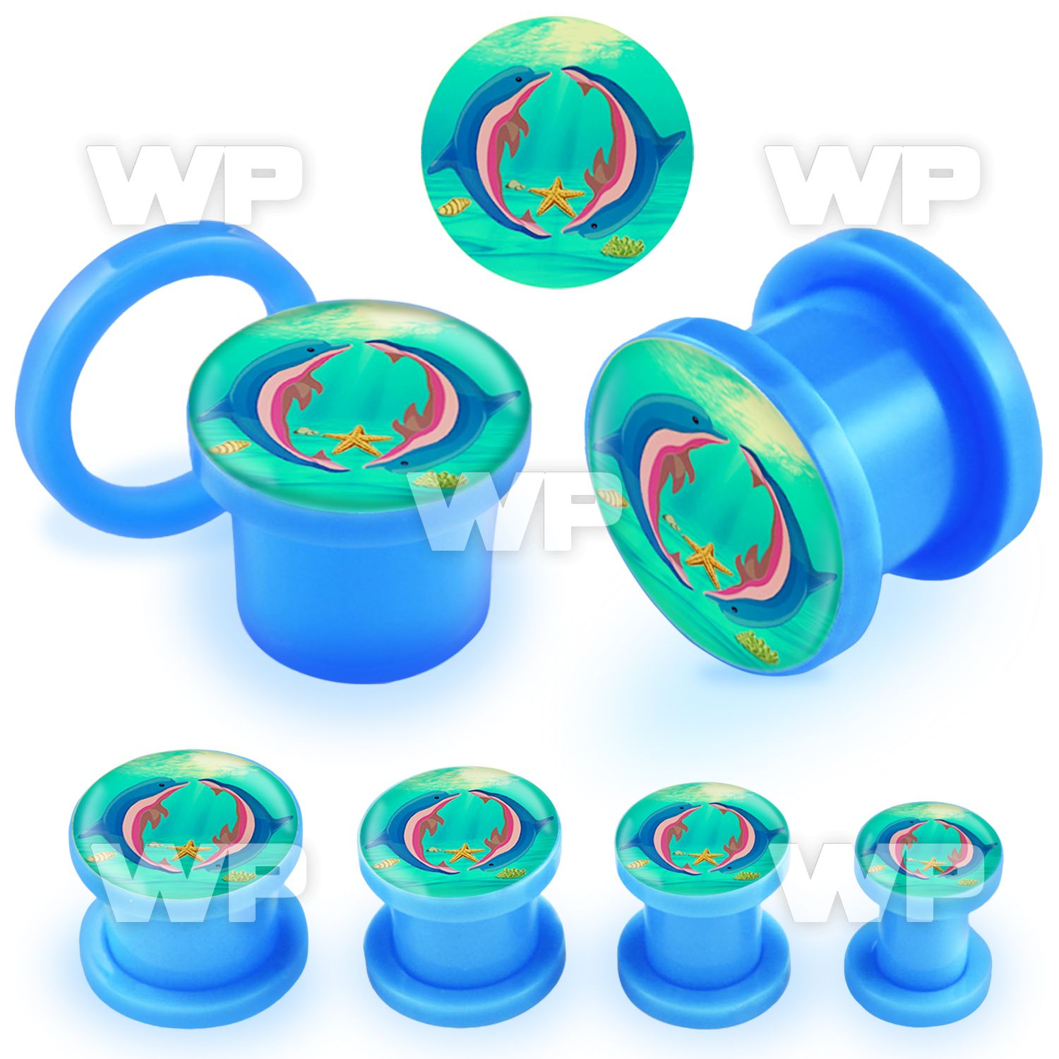 7dm666 light blue acrylic screw fit plug cute double dolphins ear lobe piercing