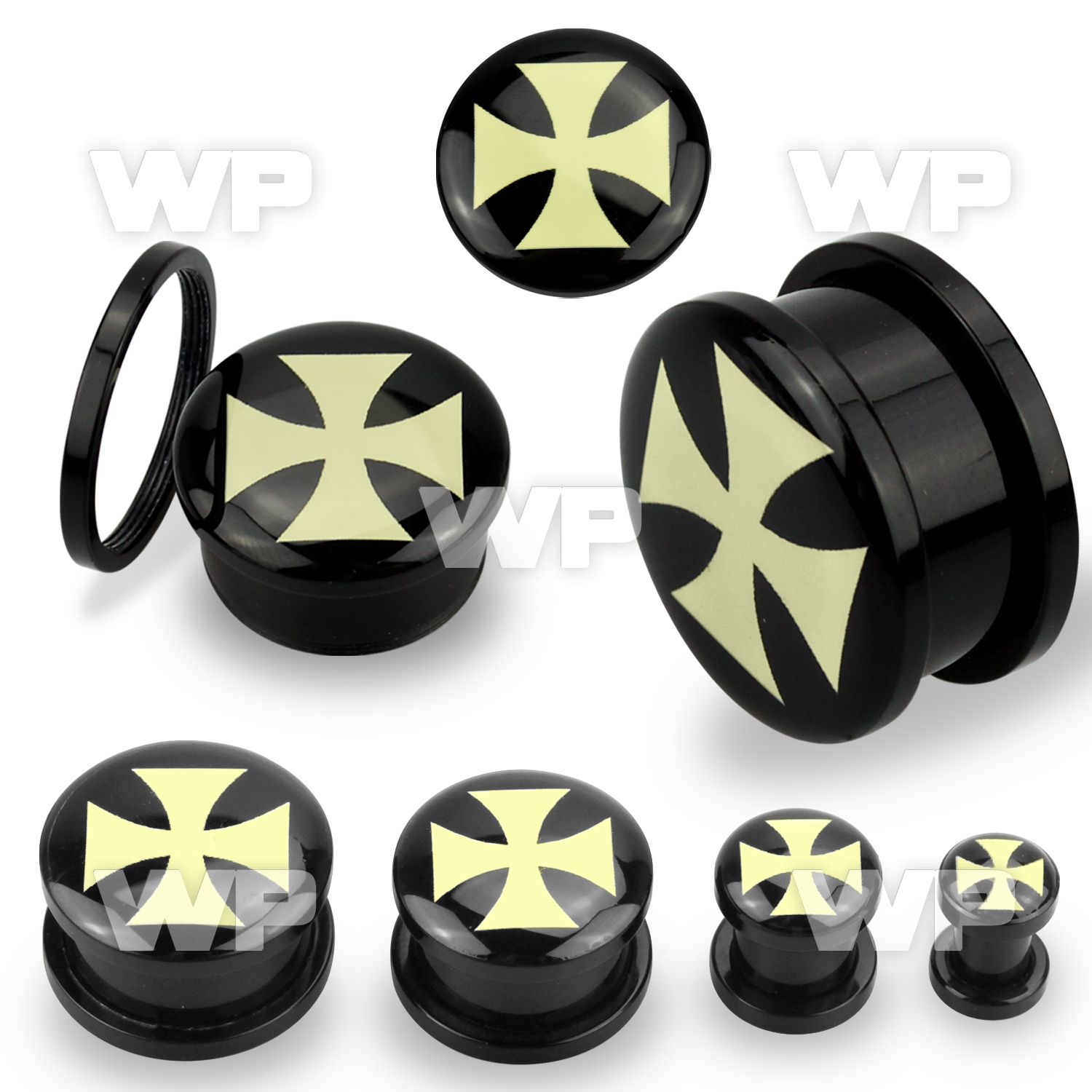 7dmc black acrylic plug external screw fit iron cross picture ear lobe piercing