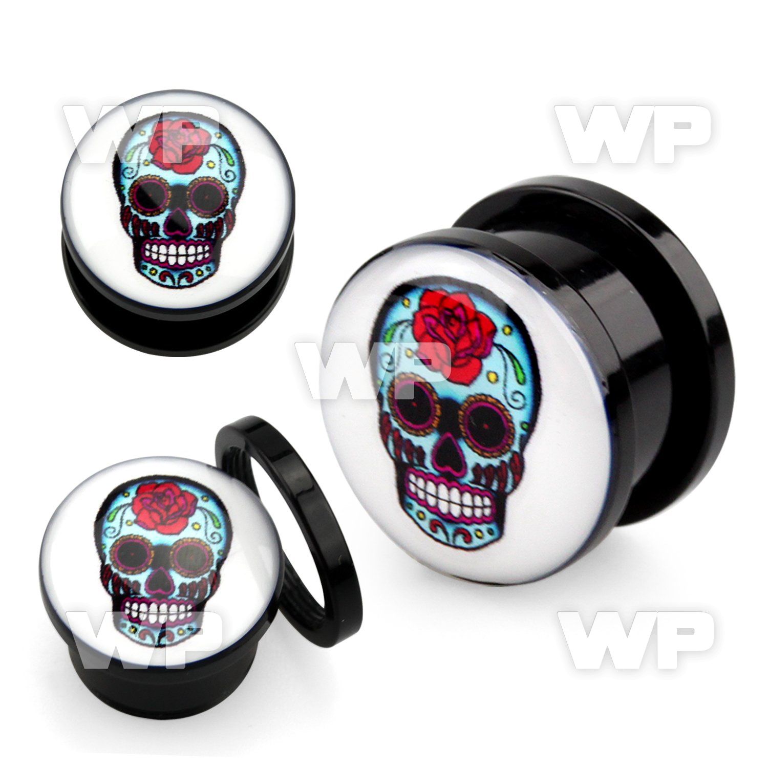 7dmddd black acrylic plug external screw fitsugar skullred rose ear lobe piercing
