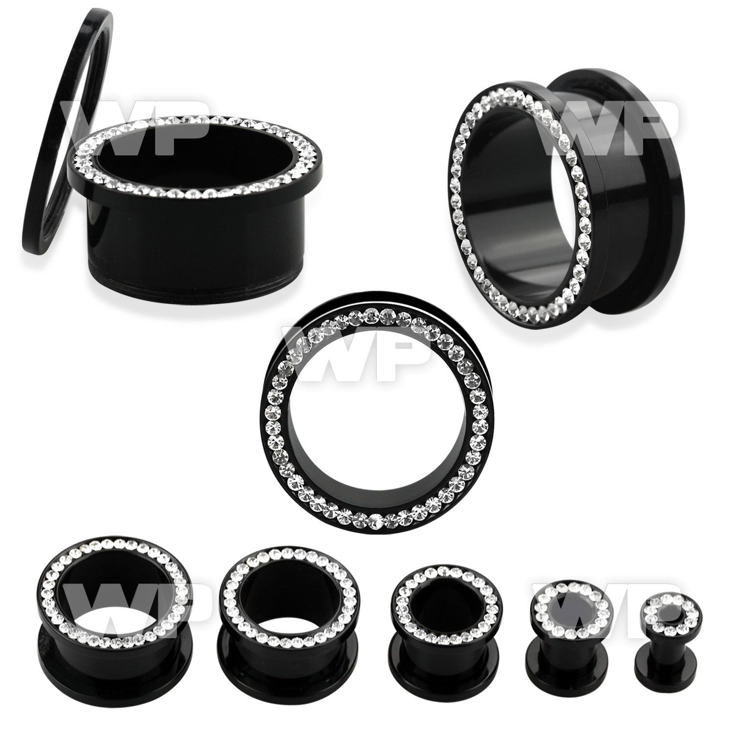 7dwj2 black acrylic screw fit flesh tunnelclear crystal studded ear lobe piercing