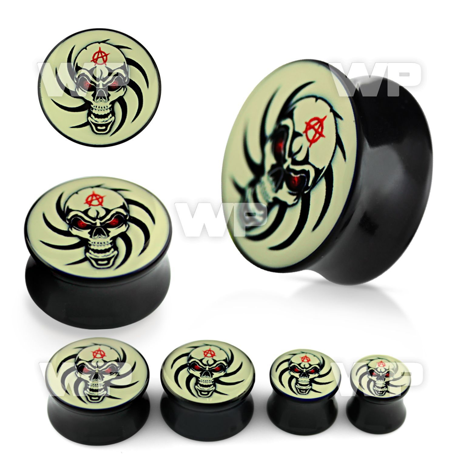7miqq black acrylic double flare saddle plug skull picture in ear lobe piercing
