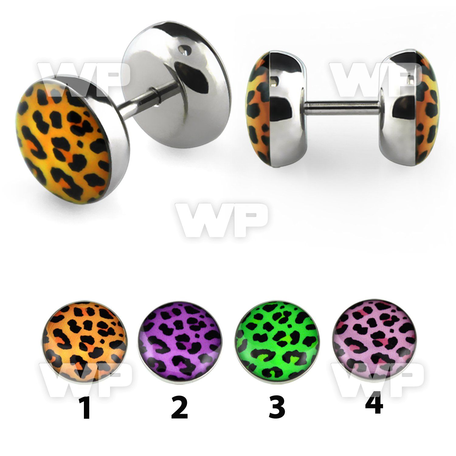 8bm4 steel fake plug epoxy covered leopard fur logo out silico belly piercing