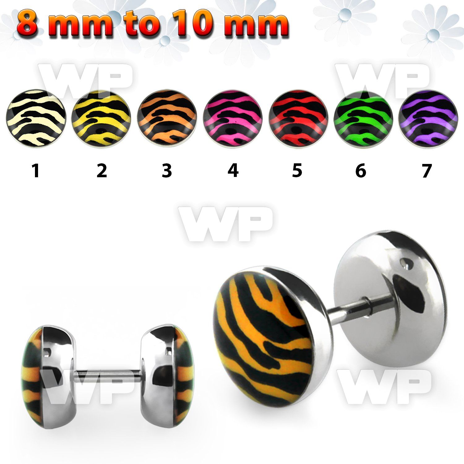 8bm7 steel fake plug epoxy covered tiger fur logo out silicon belly piercing