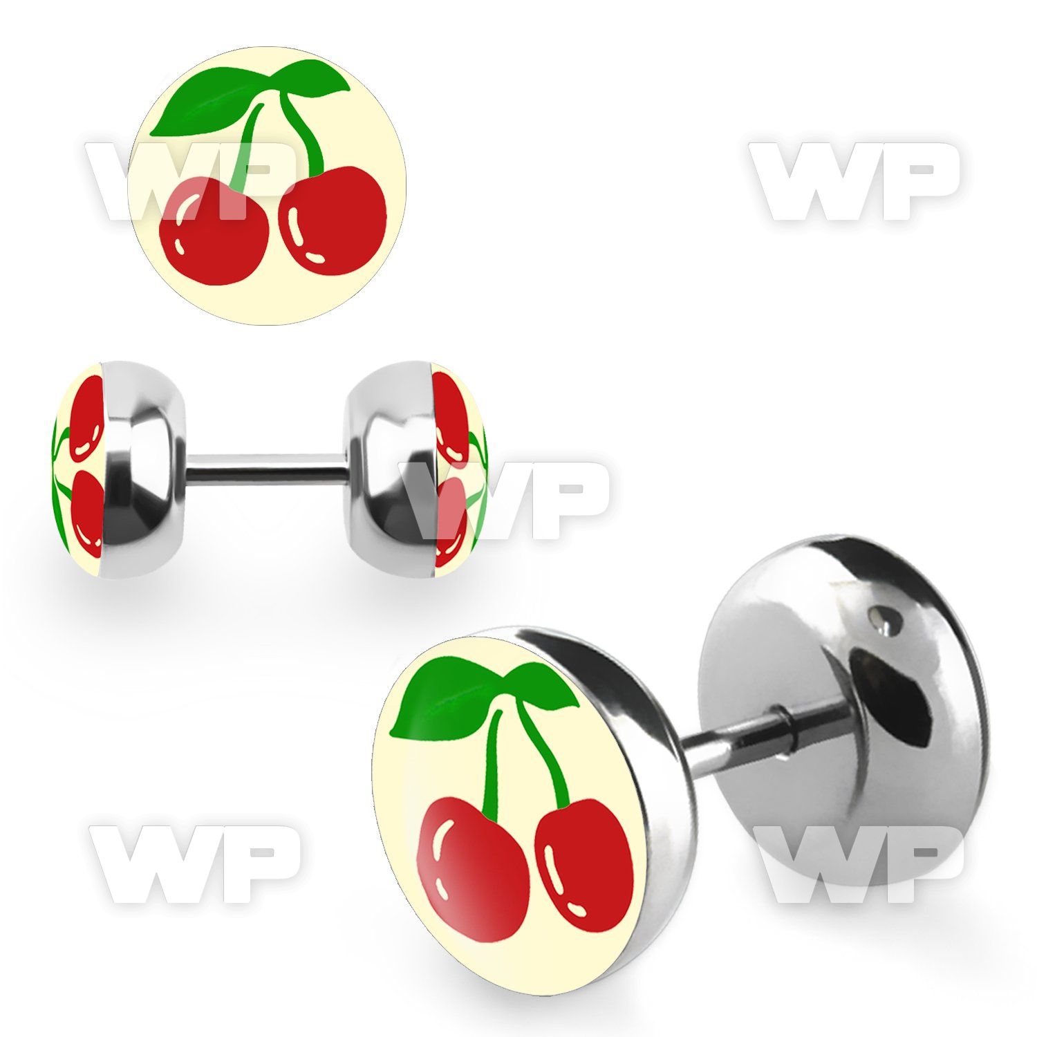 8bmd steel fake plug epoxy covered red cherry on white backgro belly piercing