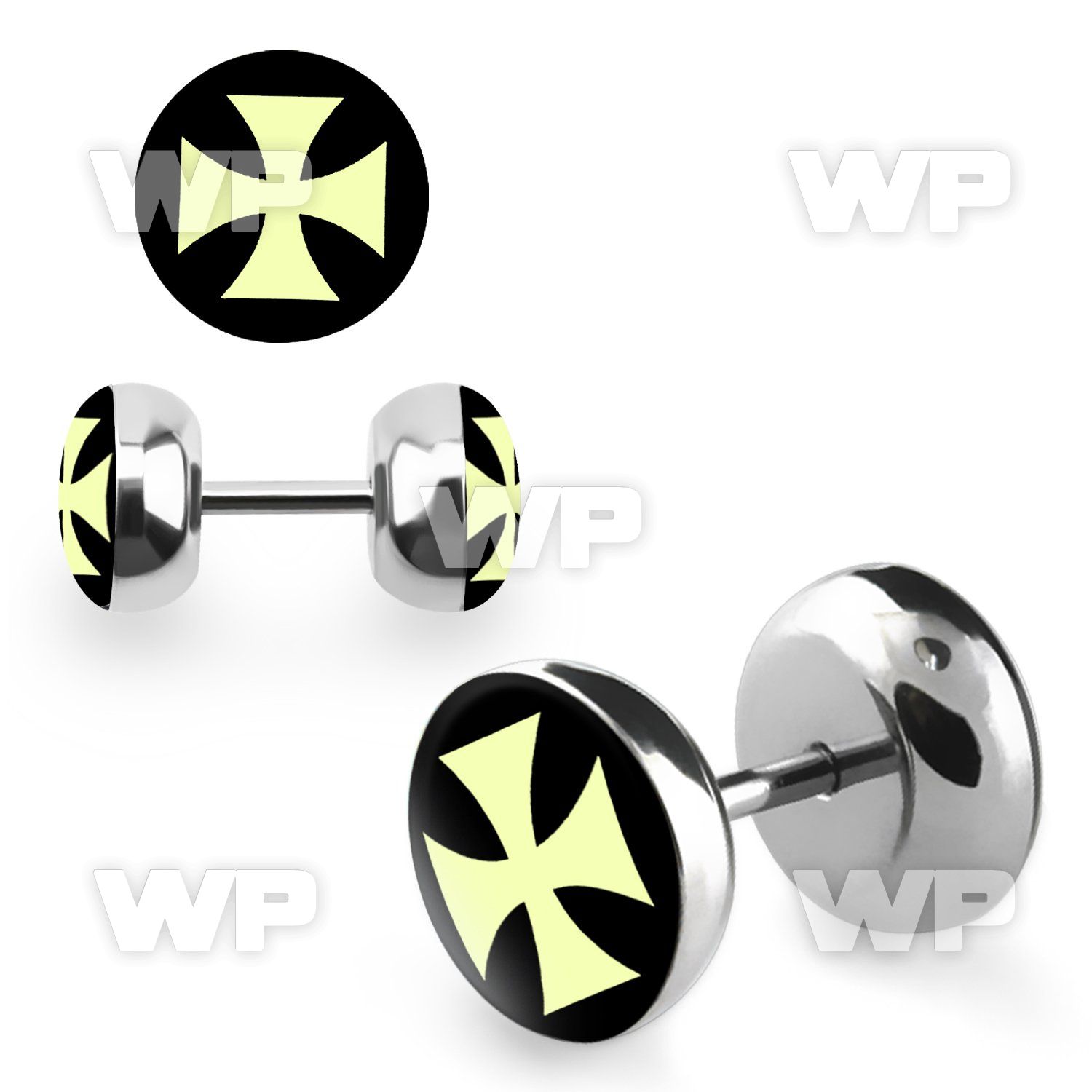 8bmi steel fake plug epoxy covered white iron cross on black belly piercing