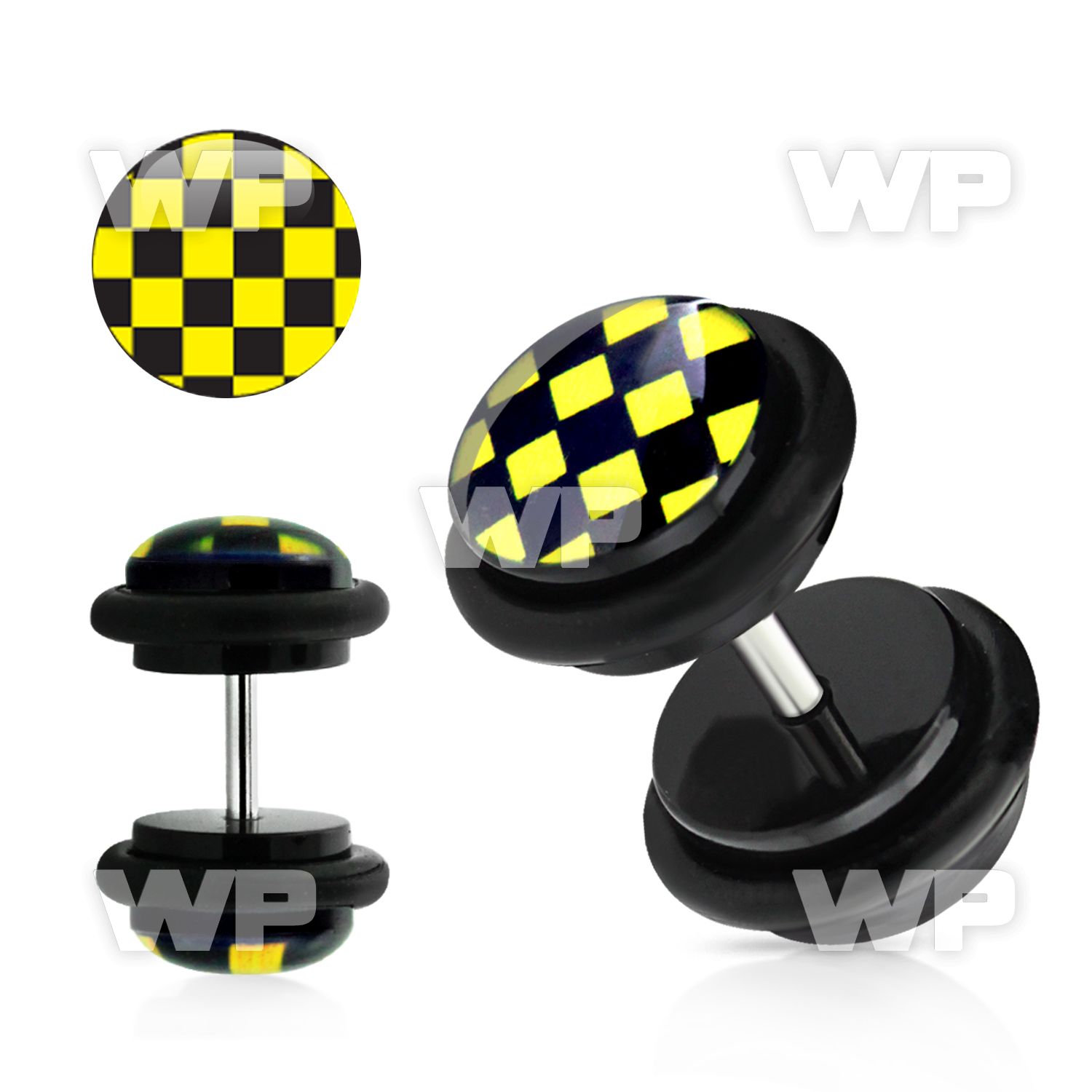 8bqiak0 acrylic fake plug black yellow checkers design logo o r belly piercing