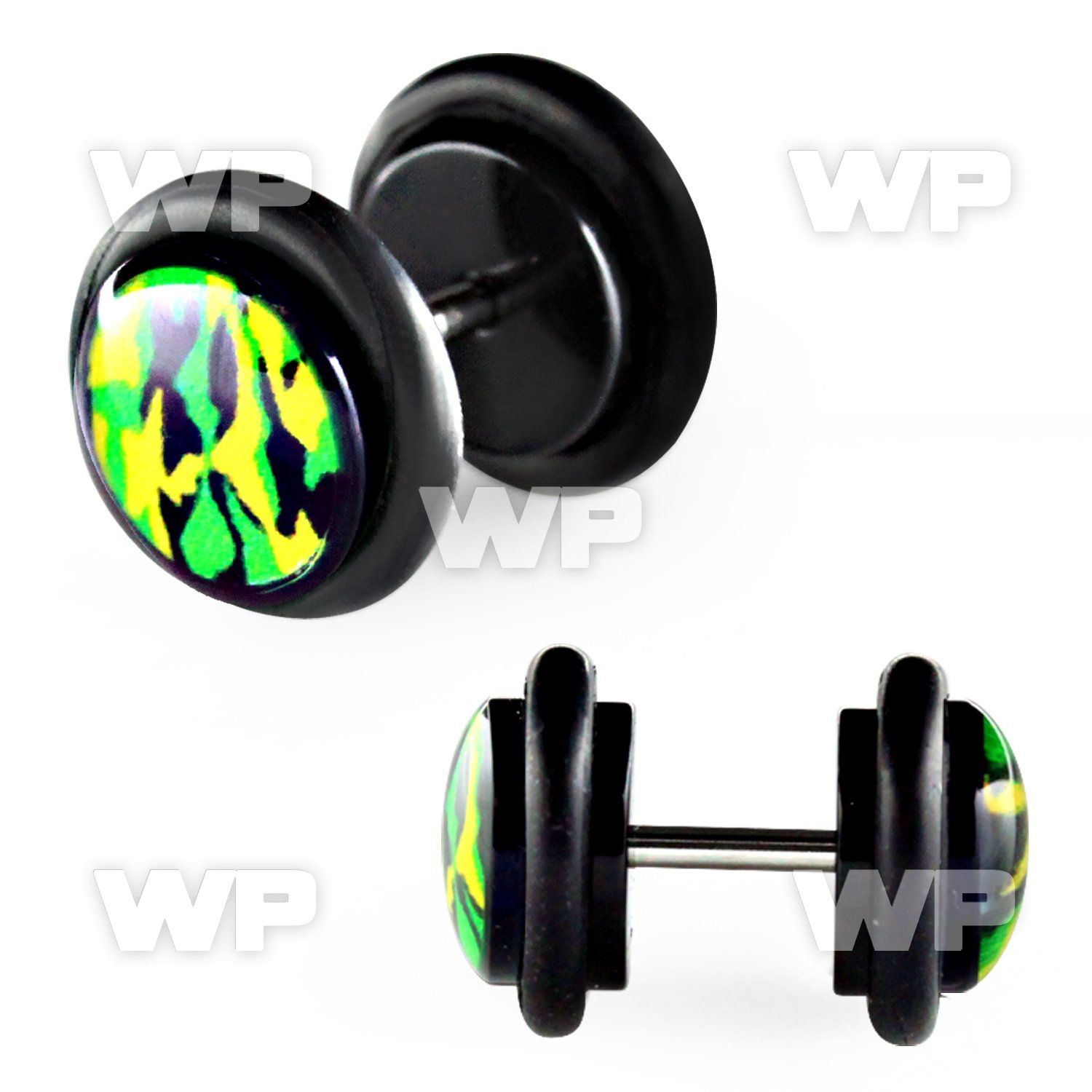 8bqiakz acrylic fake plug black green yellow camouflage logo belly piercing