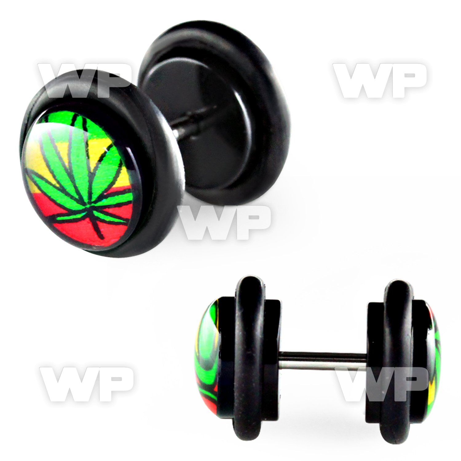 8bqial acrylic fake plug marijuana on 3 color background logo belly piercing