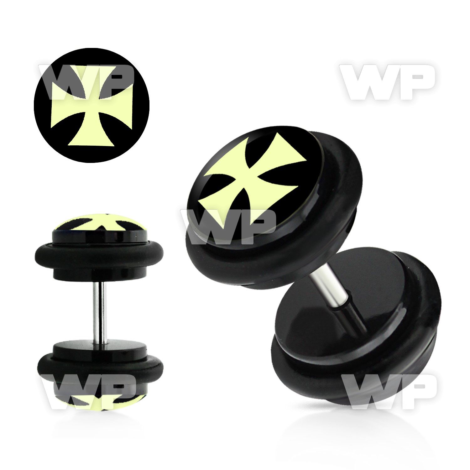 8bqiay0 acrylic fake plug white iron cross on black background belly piercing