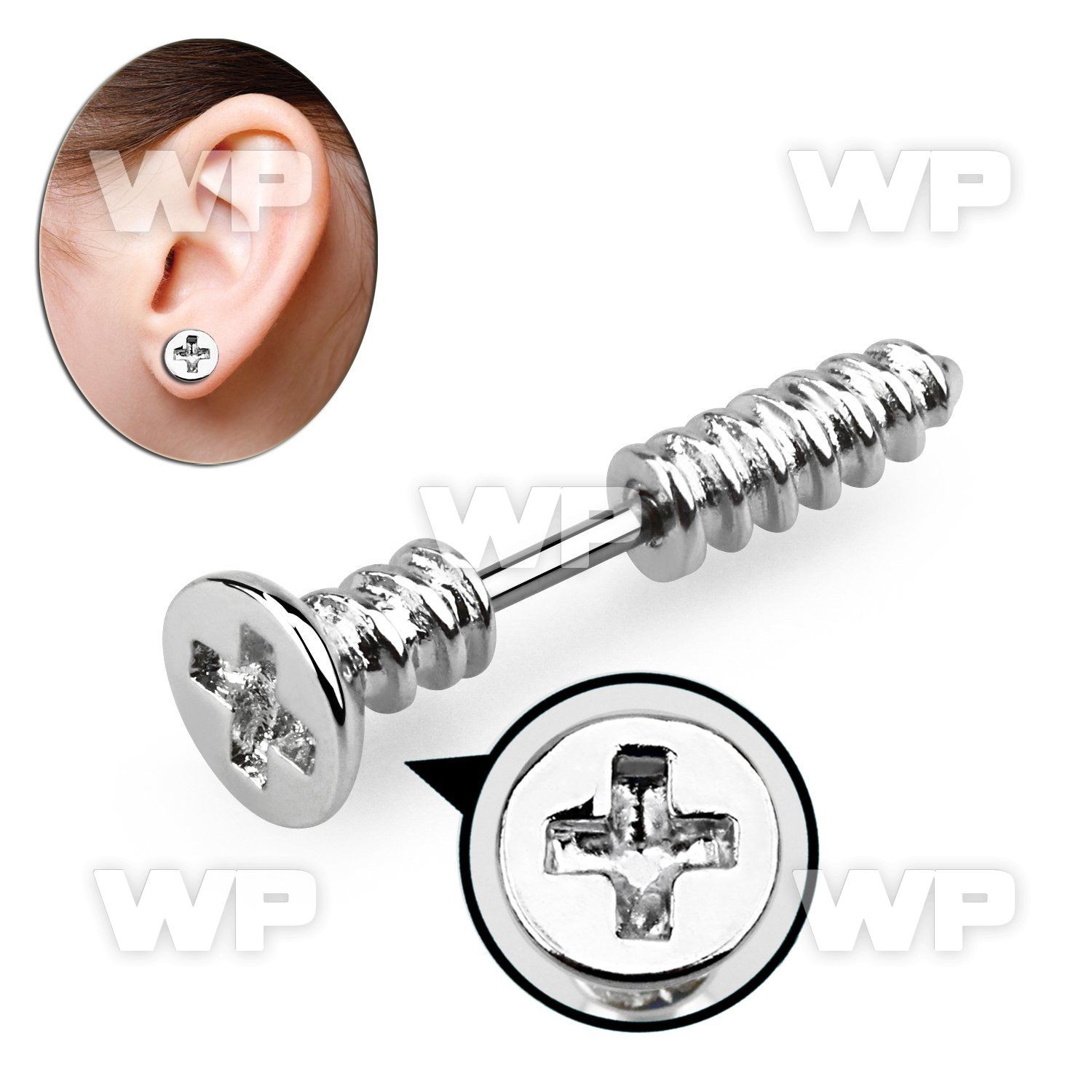 8m36awo steel fake plug 16g 1 2mm post one cross screw top ear lobe piercing