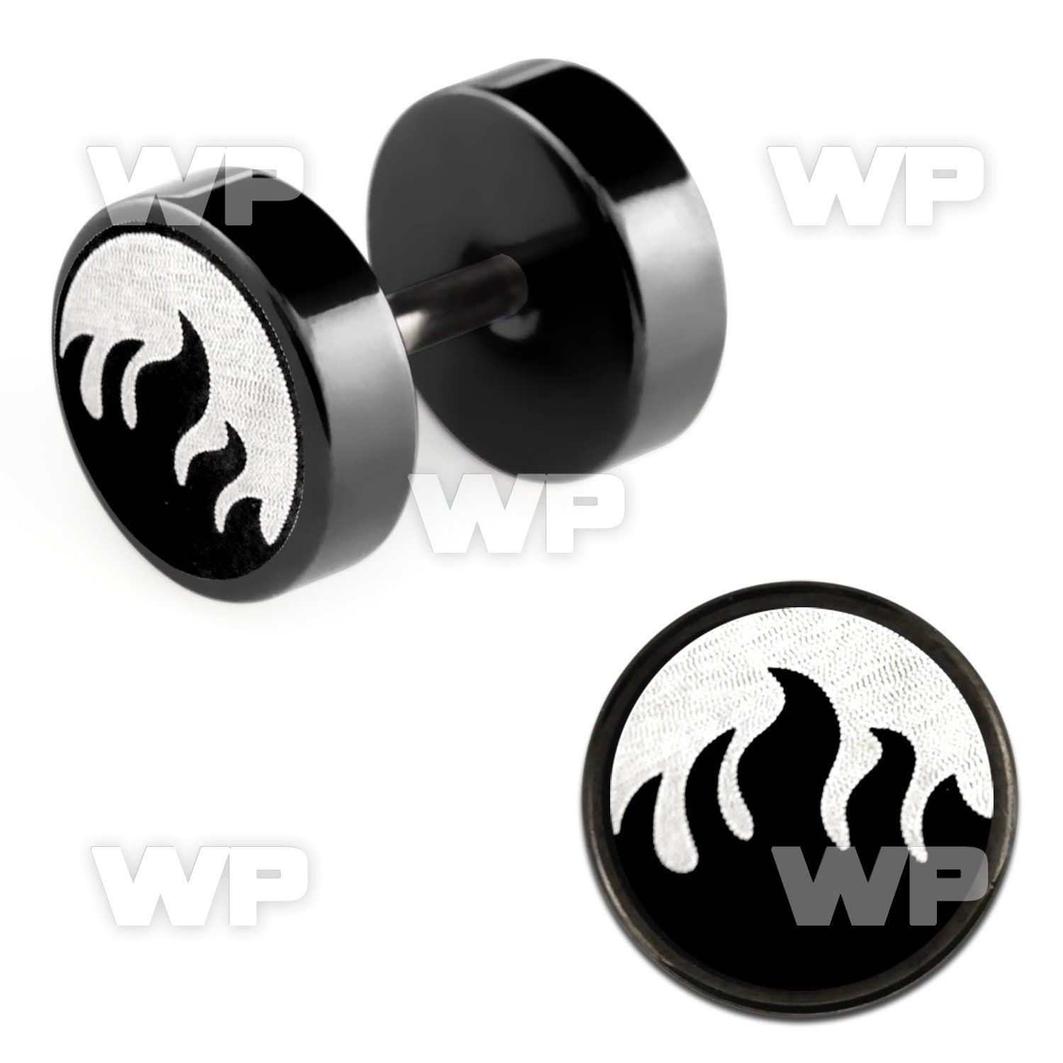 8mb30 black steel fake plug laser edged flames logo on one of belly piercing