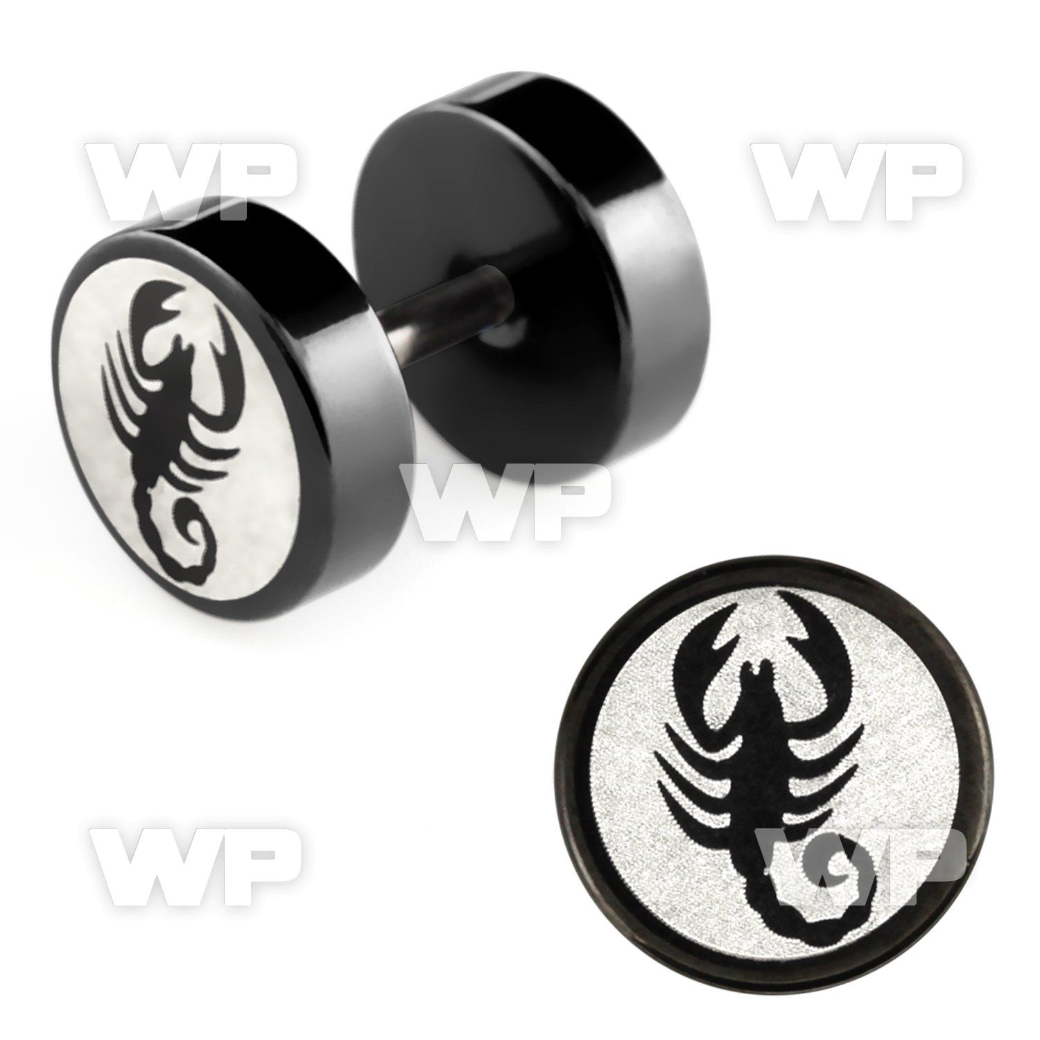 8mb3ek black steel fake plug laser edged scorpion logo on one ear lobe piercing