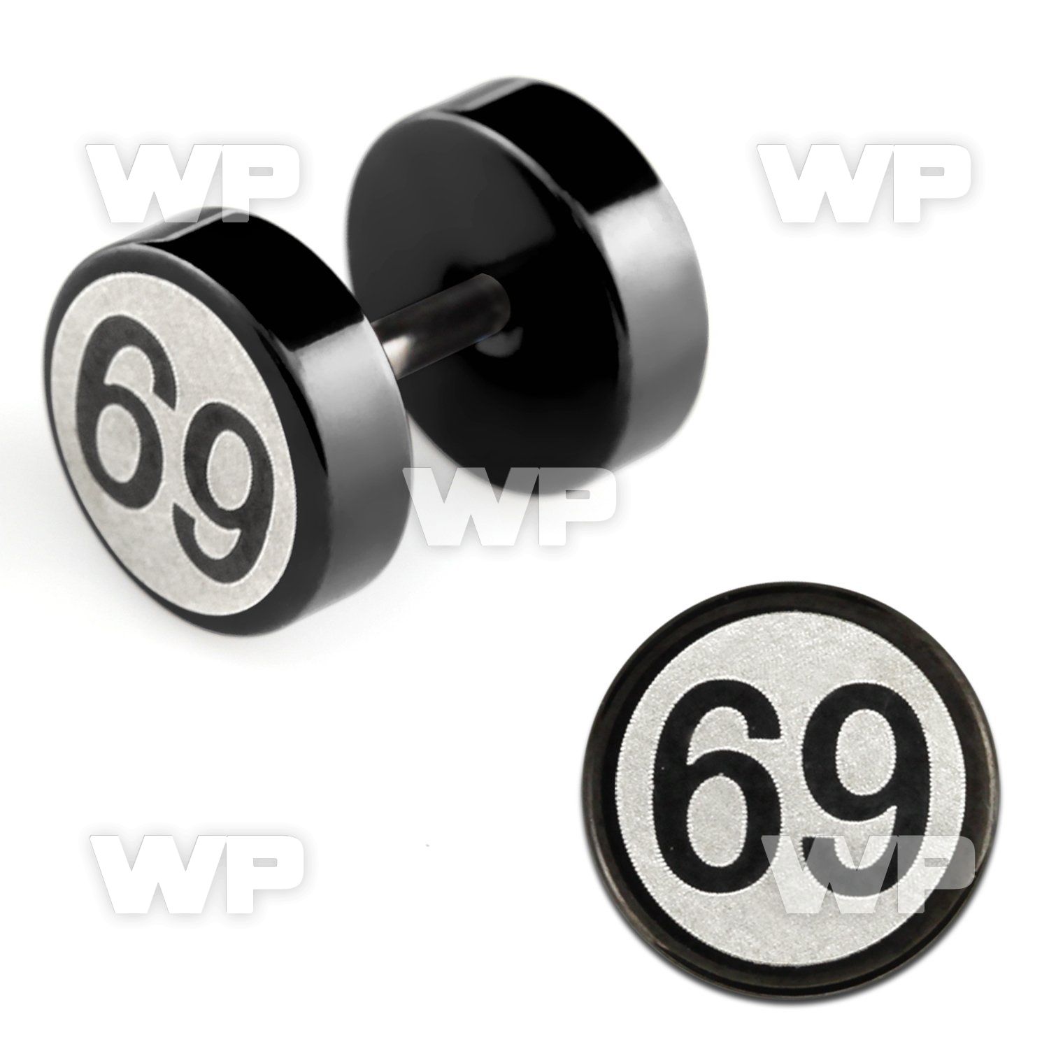 8mb3ep black steel fake plug laser edged 69 logo on one of the ear lobe piercing