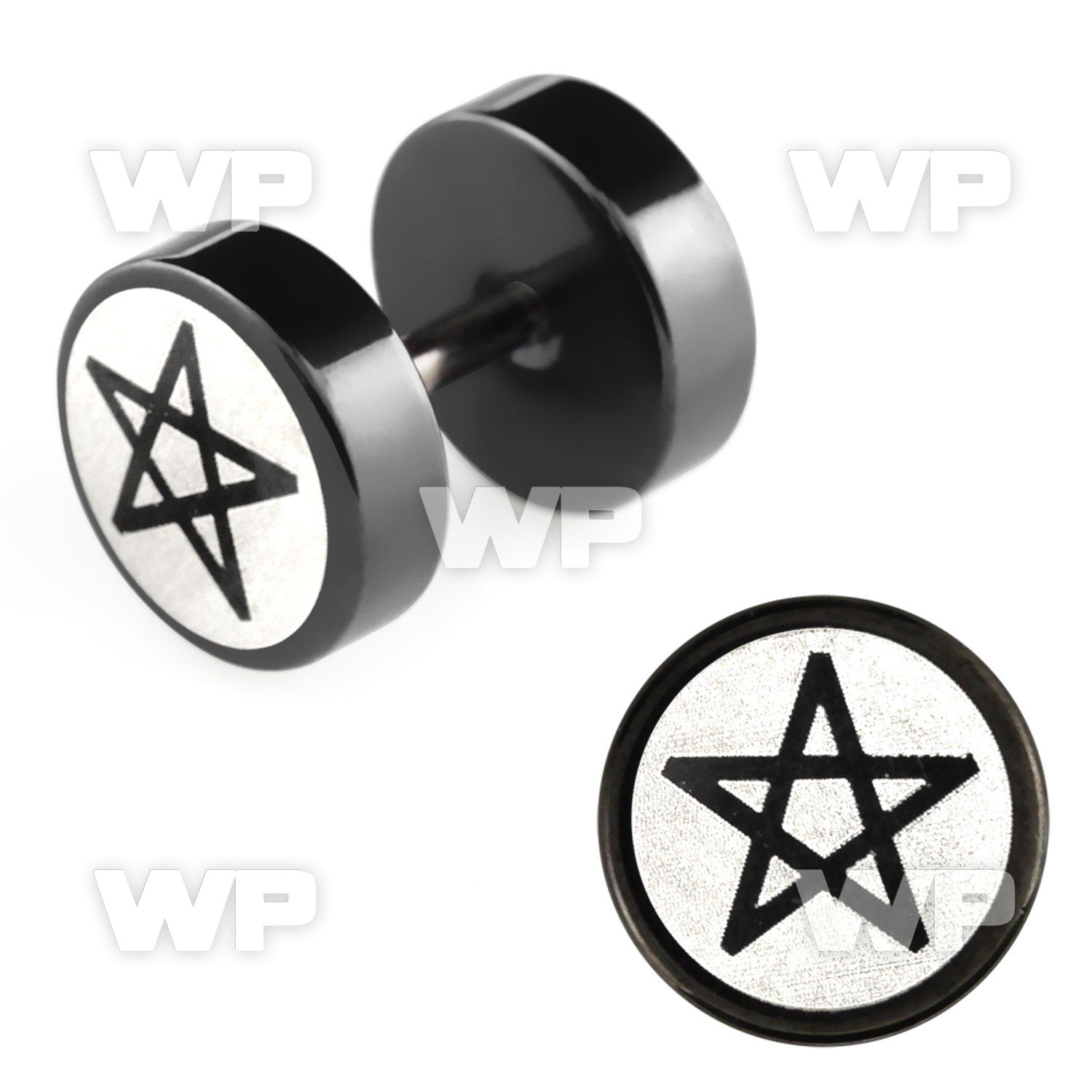 8mb3l black steel fake plug laser edged pentagram logo on one belly piercing