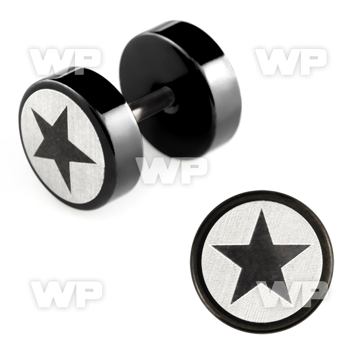 8mb3s black steel fake plug laser edged star logo on one of the ear lobe piercing